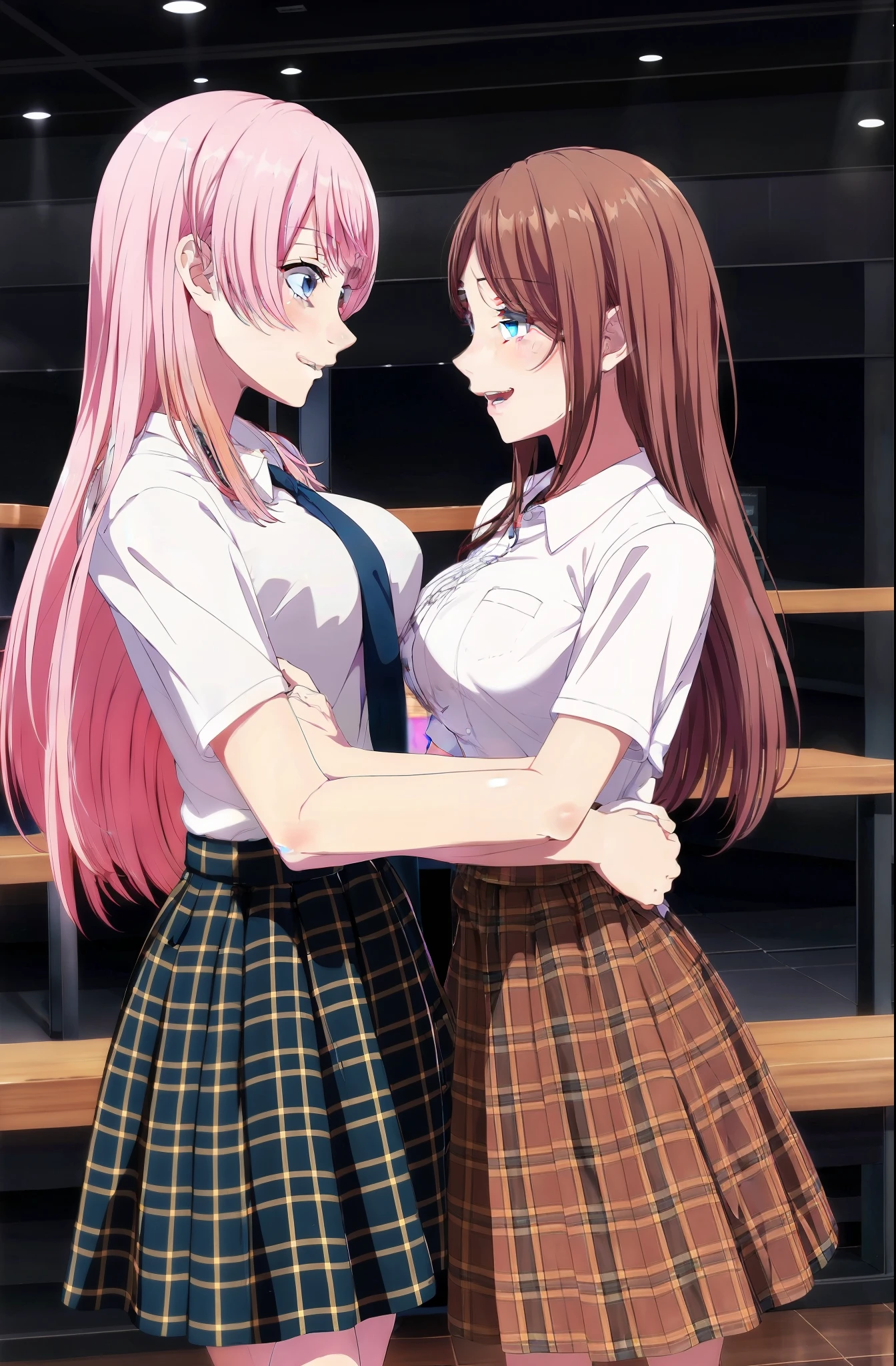 masterpiece, best quality, PIXIV,aisu,yuri,
, 2girls, pink hair, long hair, smile, brown hair, ;d, skirt, shirt, plaid, dress, blue eyes, short sleeves,breast to breast,look each other,