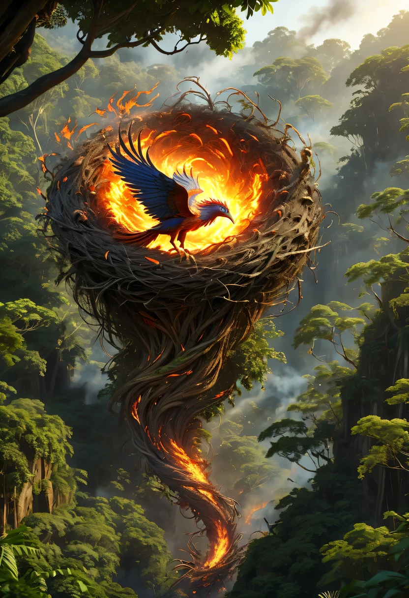 (8k, 16k, Award-winning, Dynamic,best quality, highest resolution, Super details, high detail, anatomically correct, masterpiece, stunning beauty), Nest composed of fire elements,Huge lair in the jungle,Phoenix FlyingDonM3l3m3nt4lXL