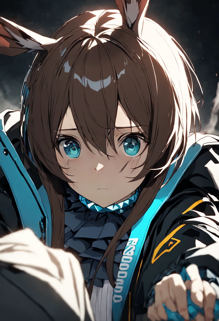 1 girl, Amiya \(arknights\), arknights, Dirty face, Held out hand, close, cinematic angle, shortening, dark, dark background, masterpiece, highest quality