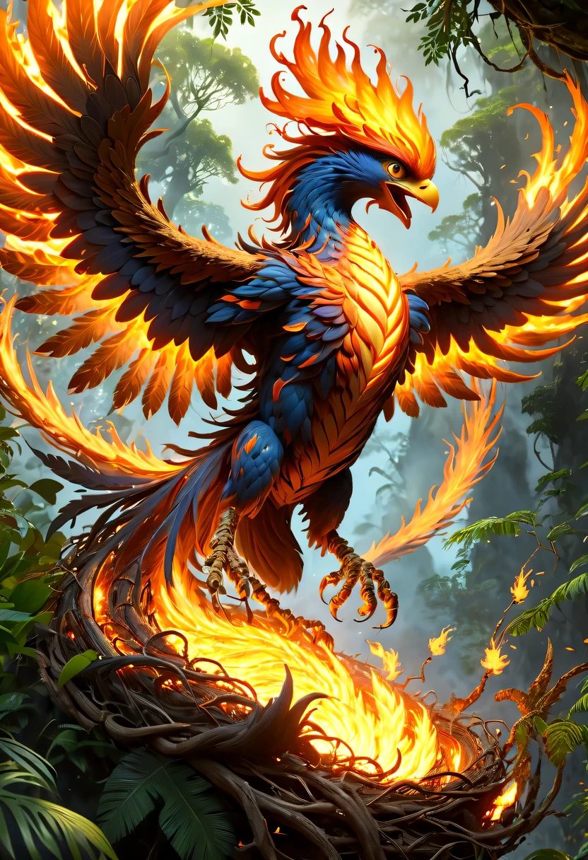 (8k, 16k, Award-winning, Dynamic,best quality, highest resolution, Super details, high detail, anatomically correct, masterpiece, stunning beauty), Nest composed of fire elements,Huge lair in the jungle,Phoenix FlyingDonM3l3m3nt4lXL