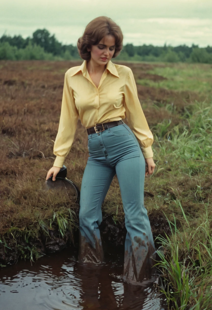 vulnerable shy woman, high waist flared jeans, blouse, deep sits on back in bog, drowning in bog, caught in her sexual fetish session, wet muddy clothes, 70s setting photo, deep focus, vintage film grain, retro color grading, soft lighting