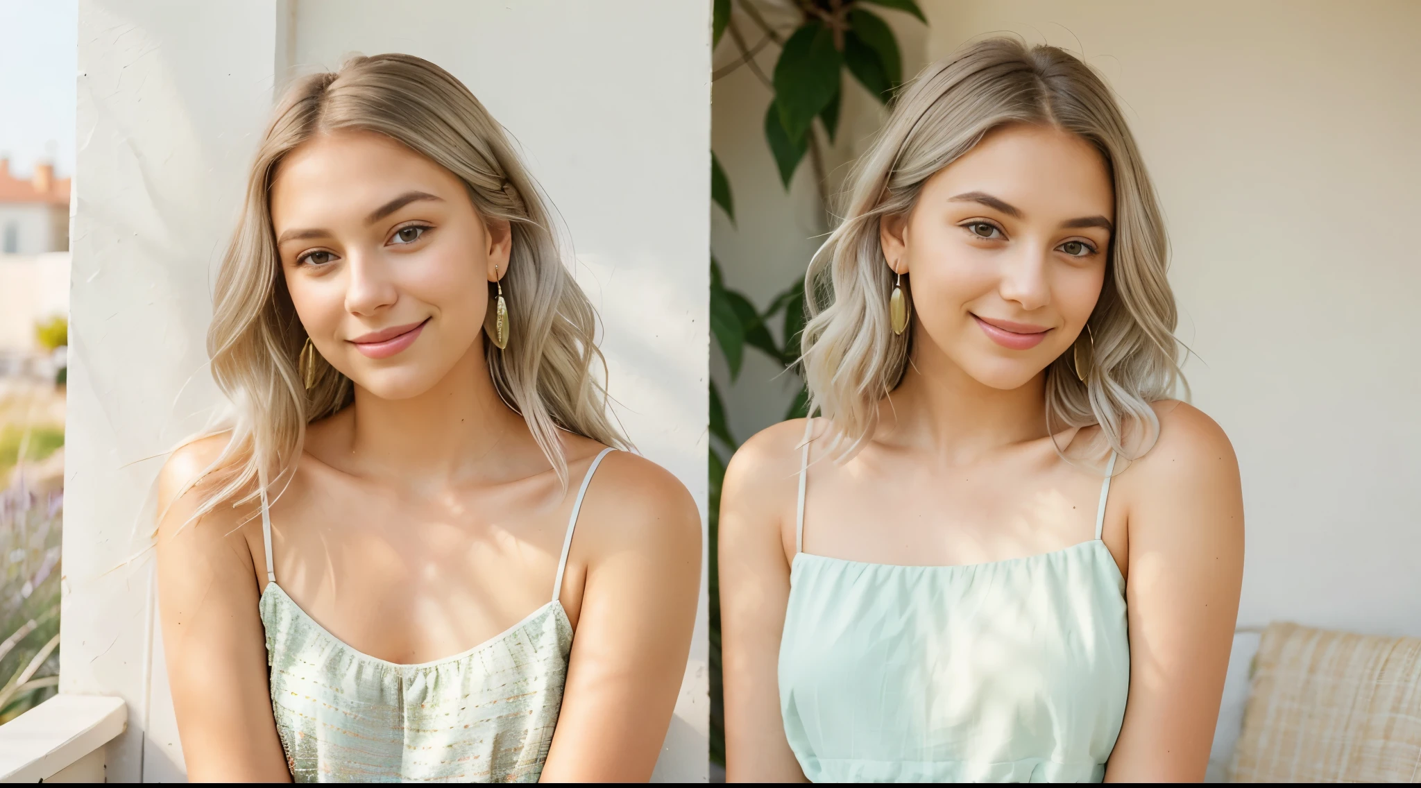 Create an image of a young woman radiating cheerfulness with sun-kissed skin and a radiant expression. Her shoulder-length silver hair, adorned with soft lavender hues, is styled in gentle waves, framing her face. The warmth of the golden hour glow accentuates the scene. Delicate earrings glint in the soft light, and her subtle makeup look enhances her lashes, complementing her bright smile. A hint of a green olivine top peeks out from her outfit, adding a pop of color. The background is softly focused, featuring a cozy outdoor setting that exudes a relaxed and positive vibe.