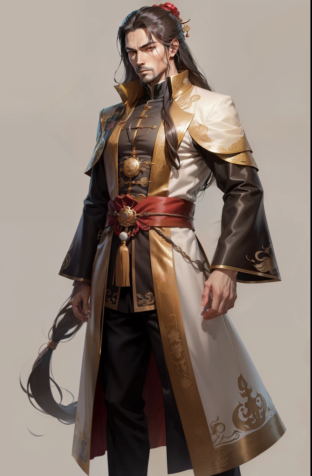 Man with long and flowing hair, Dressed in a loose luxurious three-piece coat, Revealing a calm and carefree facial expression, The style is reminiscent of Chinese martial arts and Japanese anime character designs, showcasing a mature art style, ( ( Character concept art ) ), Full length character drawing