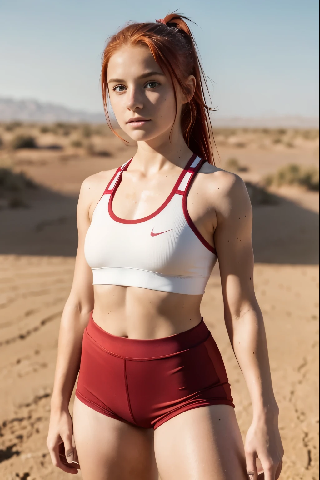  girl, red hair, freckles, strong, in a white sports bra and spandex shorts, long socks, sweaty, standing, facing the camera, in a dusty field