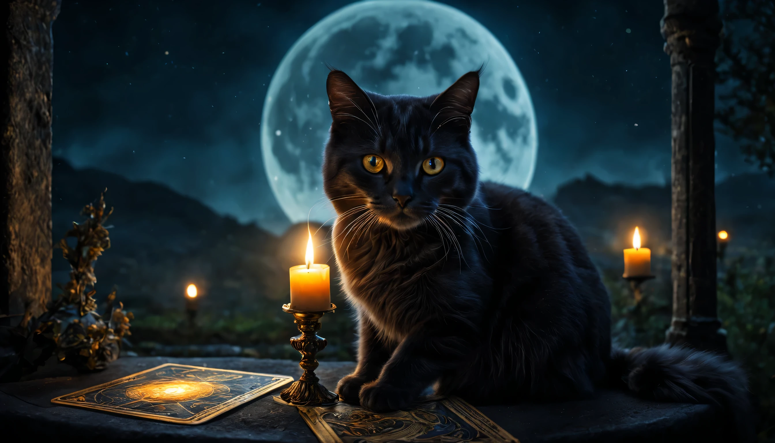 chat ligné foncé, lune, tarot, Ambiance magique, mystère,(meilleure qualité, haute résolution,ultra-détaillé,réaliste:1.2),Des couleurs vives, acuité, HDR, fantaisie, Paysage magique, cristaux brillants, éclairage éthéré, beauté sublime, Ténèbres mystérieuses, ambiance surréaliste, spectacle fascinant.