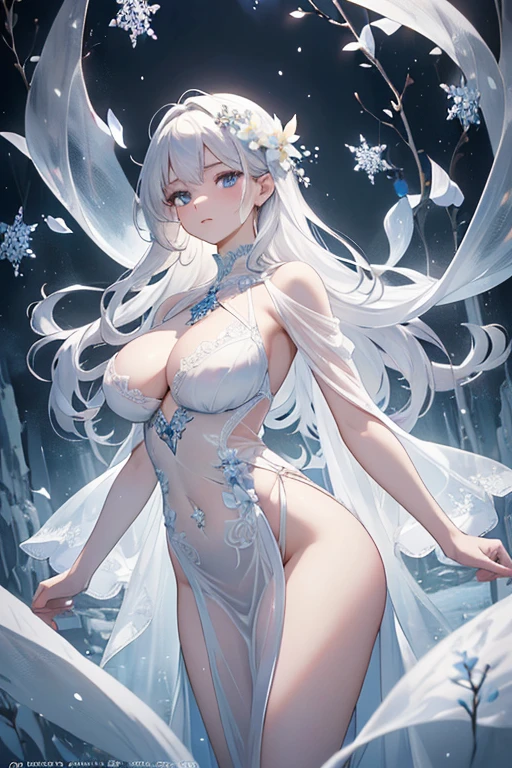 (Paradise in Heaven), White lighting,(muste piece), (best quality), (cinematic), 8K, (art station),(長いwhite hairとSilvery eyesを持つ1人の女), (beautiful delicate face)、[Frozen trees々], [landscape crystal], [lighting], [Ethereal Atmosphere:1.1], [fantasy, short story] ,[soft なlighting] 、(+cinematic shot:1.2)、 [+art station] 、[+luminous white background] 、 [soft glow] 、(Creative and dynamic angles:1.3), [+Crystal Toning] 、muste piece, very detailed, Super detailed, solo, (pale skin), Silvery eyes, white hair, (snow background), (snowflake rosen flower:1.0), (shining crystal), (Snowy ground), (White lashes), sexy woman、dreamy and detailed, Gorgeous setting, 妖しい雰囲気 muste piece, The most beautiful scenes, majestic、(((full of white flowers:1.0)))、quiet and serene atmosphere、attractive, all white tones,Inside the crystal library,Transparent flowers and falling snow，Many white roses are planted,(water flowing,waterfall,water bloom),The decoration is also carefully done.,dream（very detailedです，creative design，crisp and precise lines，K HD，best quality，master piece，超High resolution，In 4K）、Diverse poses、((beautiful white flower hair ornament))、beautiful hairstyle、(best quality, In 4K, 8K, High resolution, muste piece:1.2), Super detailed, detailed expression, graceful posture, Expressiveなブラシストローク, mysterious atmosphere, artistic interpretation,Delicate floral jewelry， (((Detailed design、Beautiful transparent dress made of thin fabric、Sheer mini dress that shows off your skin)))、(SFW:1.5), (oversized breasts, best body proportions, proportions of large breasts,:1.5)、Expressive