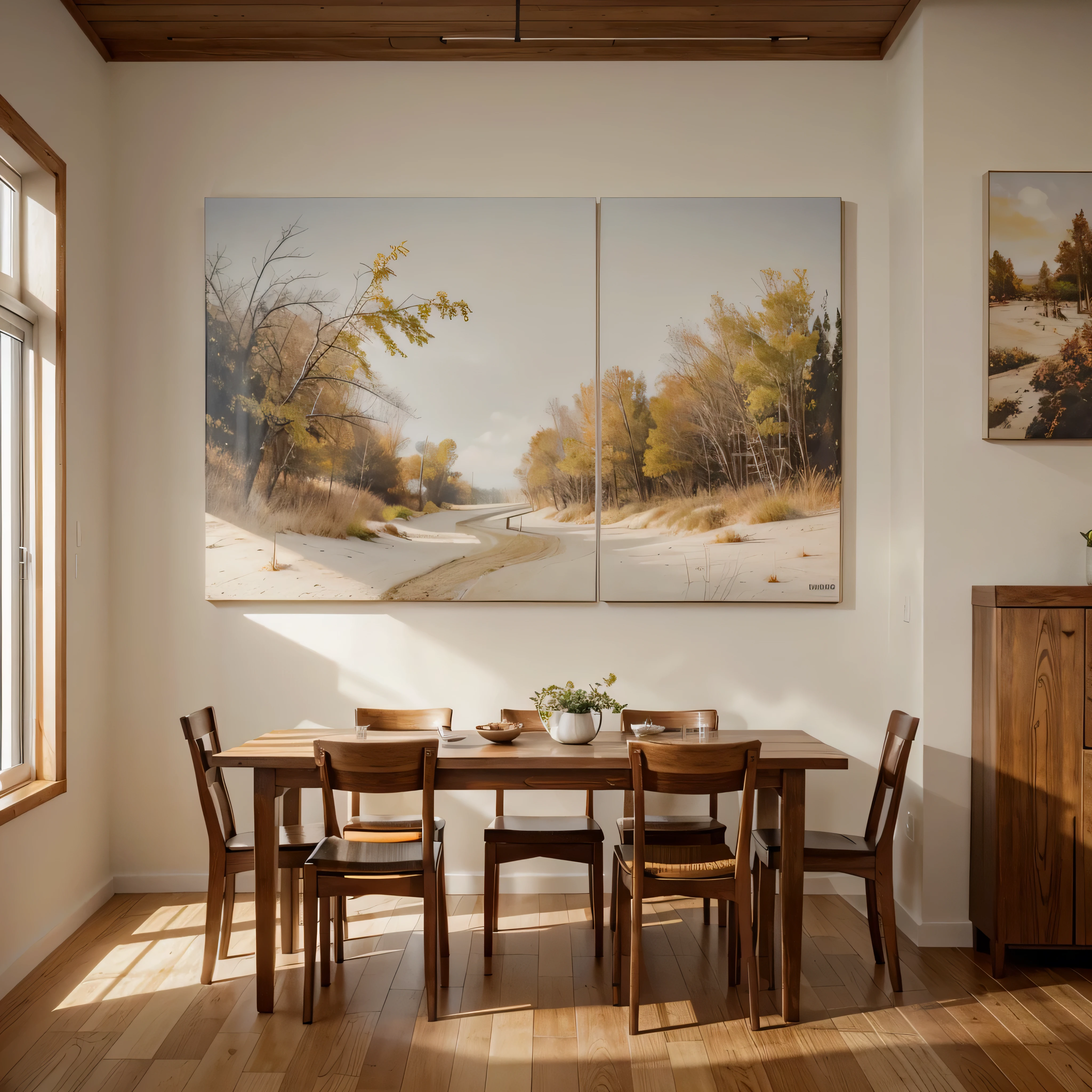Generate a photorealistic AI-rendered image of a dining area with a warm ambiance. Pay attention to realistic details in furniture, lighting, and decor to achieve a cozy yet modern look. Include a blank wall with a painting canvas as a focal point, providing a pristine surface for potential artwork. Ensure the prompt captures a full view of the blank canvas, showcasing it within the context of the warm, wood-and-concrete-themed dining space