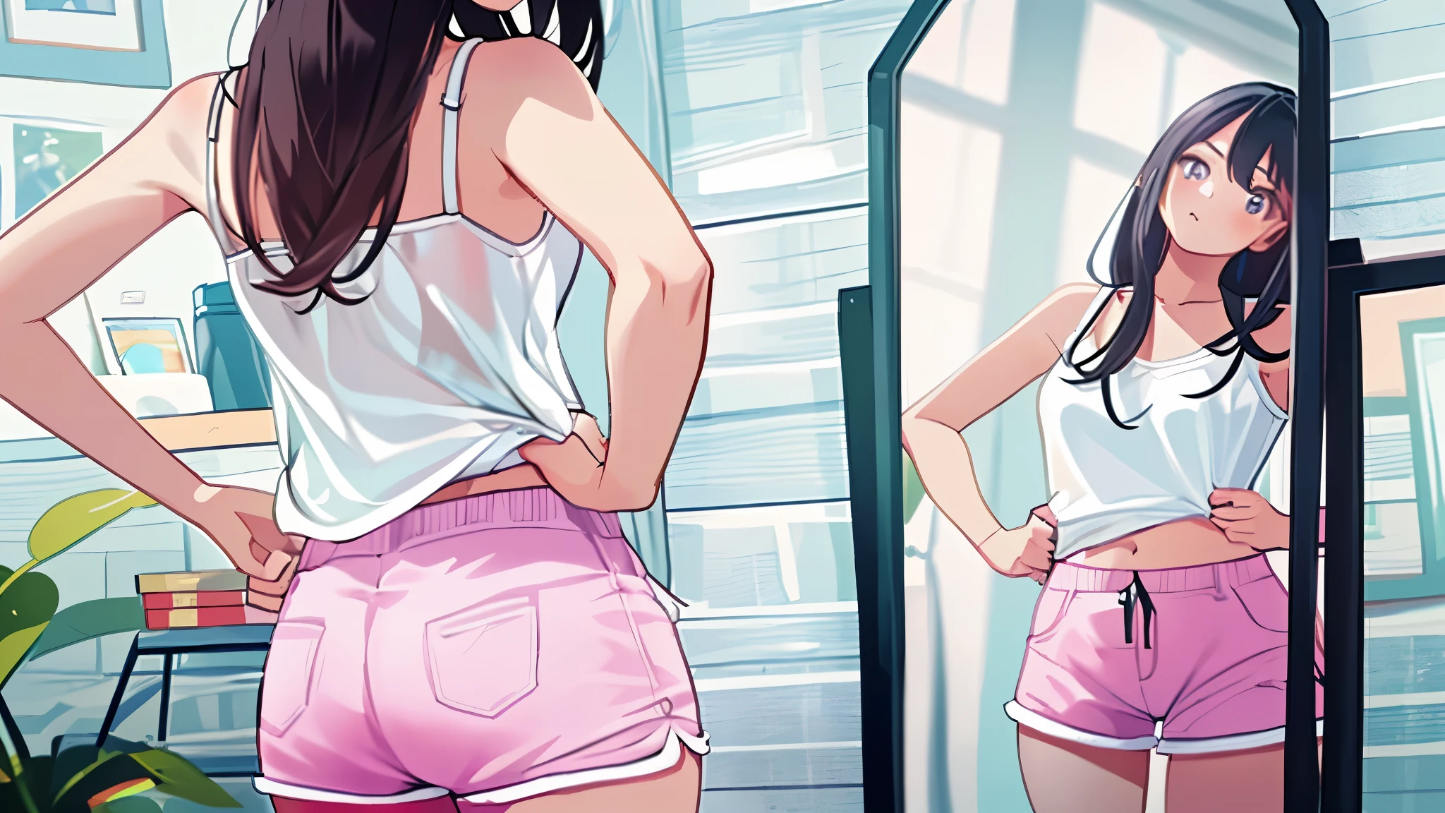 manga, high quality, best quality, detailed, teen girl standing, looking to the mirror, stuck out her stomach