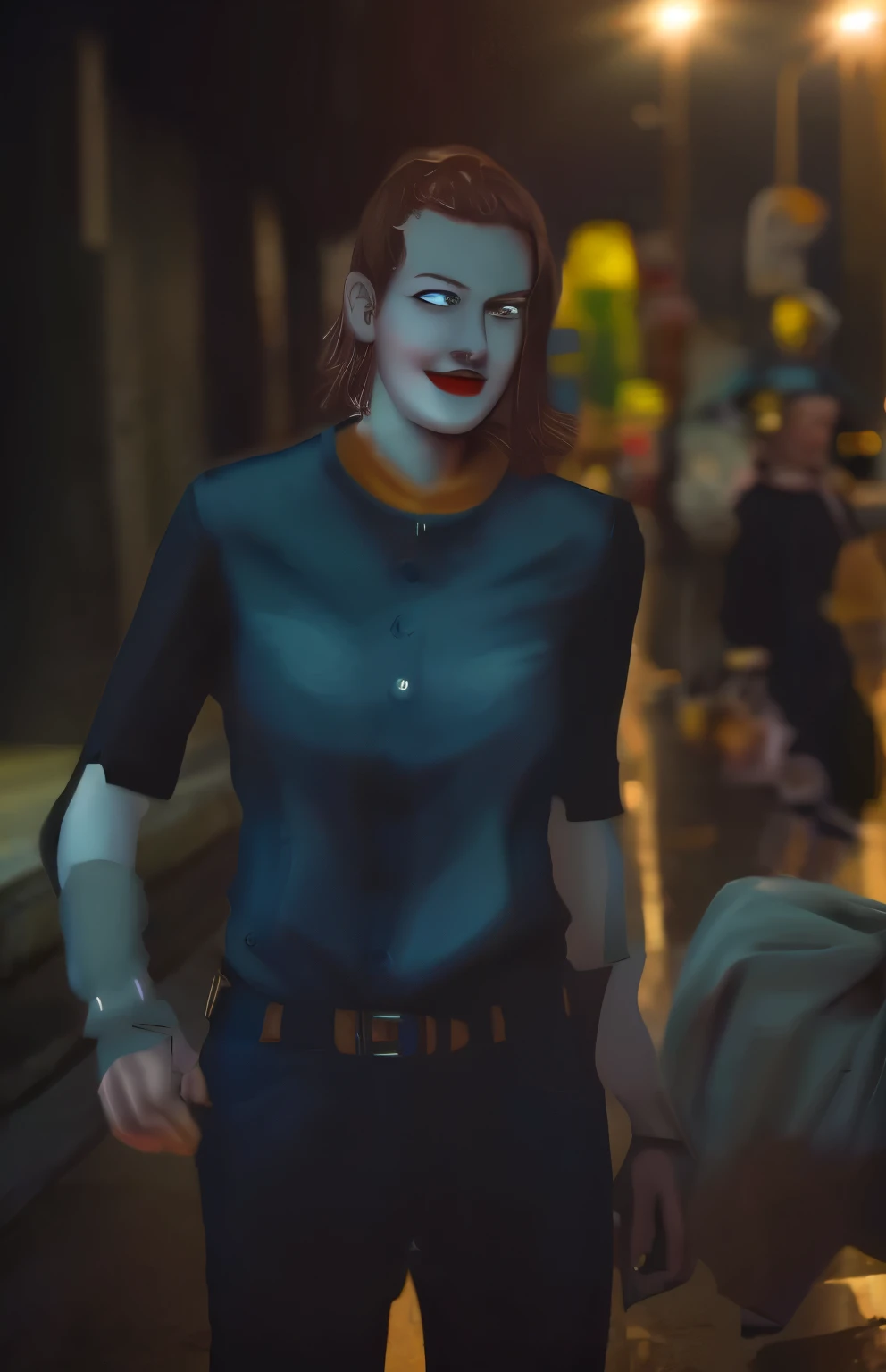 masterpiece, highest quality, figure, {beautiful detail girl}, Beautiful brilliance in every detail, Women's beauty, (Black jacket and trench coat), sunglasses, laughter, Fangs removed, vampire, Indigo eyes, rainy street corner, rain, detailed lighting, detailed water, (beautiful and fine eyes: 1.1), Expressionless palace, (short hair), long bangs, hair between eyes, top half,
