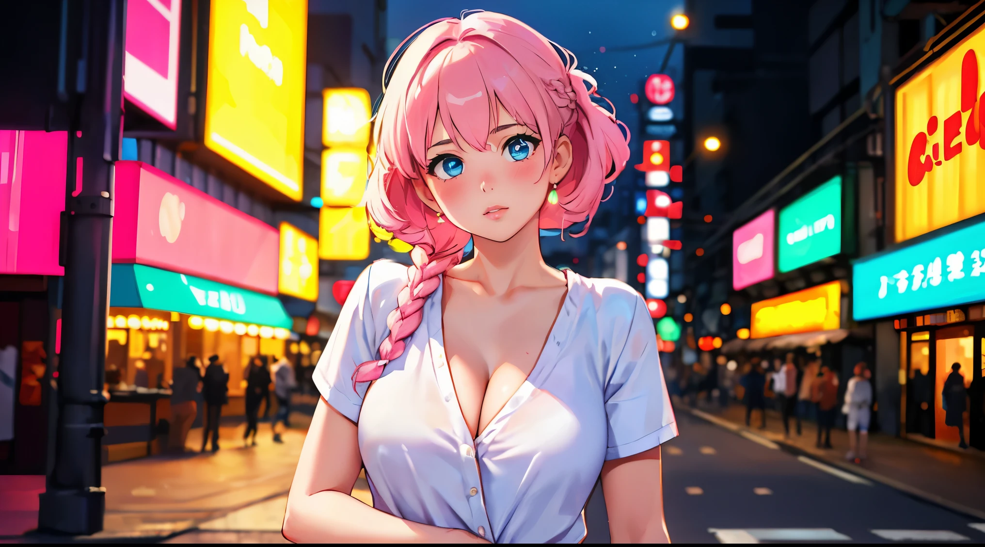 1girl, ((adorable,beautiful)), perfect body, blush, Braided Half-Up Princess Hairstyle, white hair, fit white shirt, short pants, cleavage, shine lips,((detailed eyes)), posing in front of neon buildings, ((pink neon signs, neon buildings background)), Tokyo, Artgerm, cyberpunk style, retrowave, ((realistic)), soft lighting, night, 8k, (masterpiece, best quality:1.5), ultra detailed, depth of field, looking at viewer, ((cowboy shot)), dramatic, (((bokeh))),