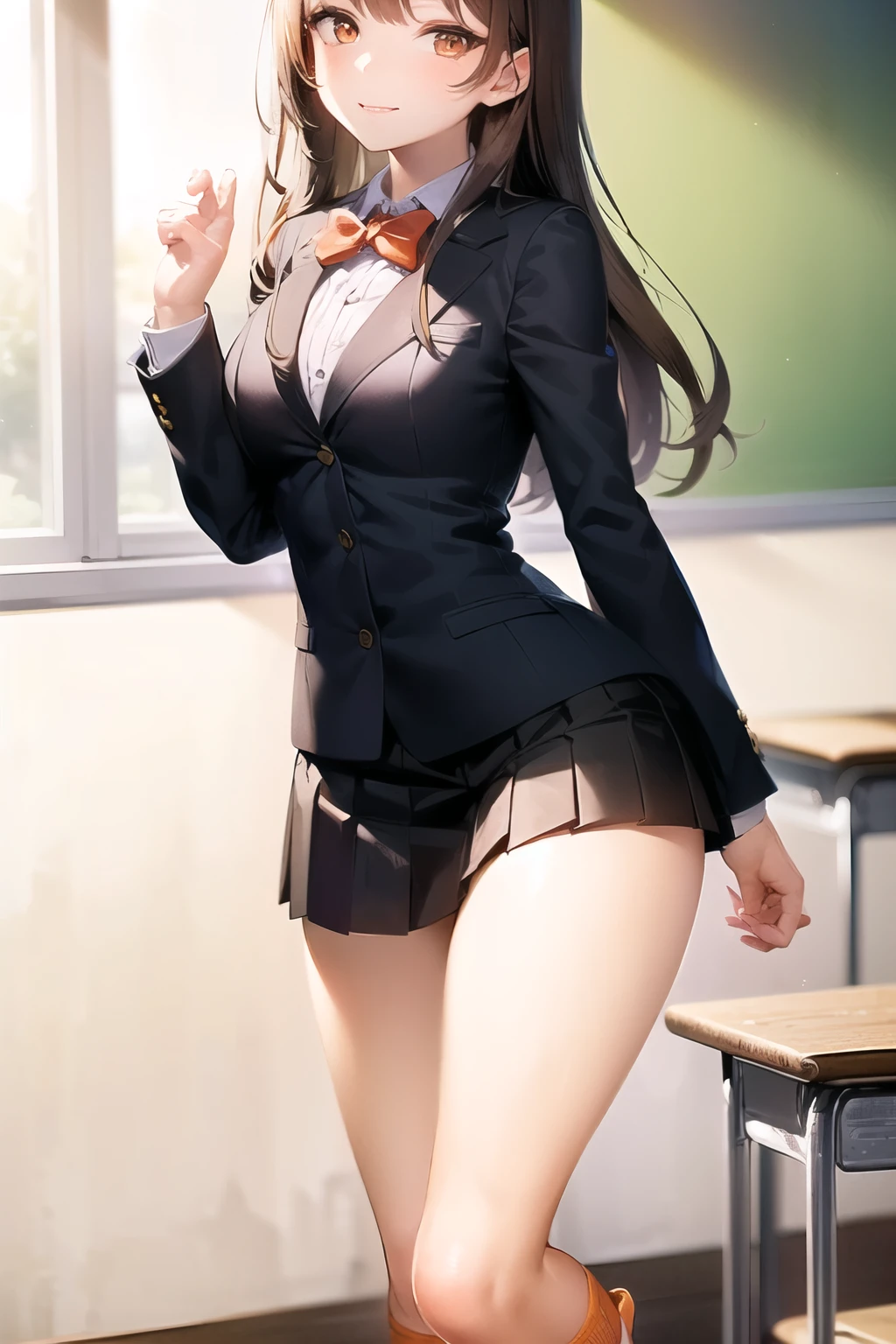 (Highest quality), Super detailed), (Ultra High Resolution 8K), High-definition facial beauty,  ((Skirt Lift)), A girl with a lovely smile and a sexy female teacher, (Big Breasts), Detailed blazer uniform, loafers, socks, Showing black panties , (Blushing, Embarrassing:1.3), Very hot day, Shade, ((Seducing from the pulpit)), Panties that are damp