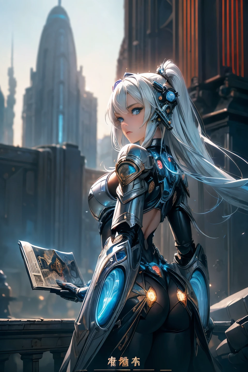 1 girl, frontal,blue eyes, white hair blowing in the wind, hands open, giant mecha warrior standing next to her, science fiction novel, mechanical armor, metallic luster, electroplating, clothing logo, Mars, spacecraft, floating cannon, hexagonal, (from bottom: 1.2), glow, backlight, (background blurry: 1.2) movie lighting, low illumination, VHS style, (masterpiece: 1.3), (best quality: 1.1), complex details, (Surrealism: 1.1), (Realistic details: 1.1), High level of detail, (The text on the cover should be bold and eye-catching, partially hidden behind the characters, with magazine titles and eye-catching titles: 1.4), Superview, Wide angle. Dynamic pose, lighting_ Stance, wide-angle lens