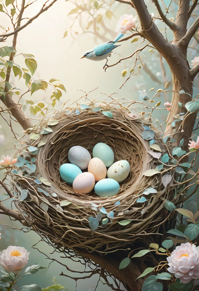 Nests,pastel tones,Light style,Comfortable and calm,nature,warm and cozy,garden,hyper detailed masterpiece, Dynamic, good quality,Floating Extra Large Ethereal Dream DonMW15pXL