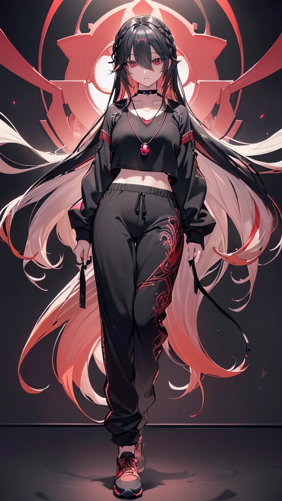 (((((extremely detailed CG unity 8k wallpaper)))), (((ultra-detailed))), (((extremely detailed))), (((best illustration))), best illumination, ((extremely delicate and beautiful)), ((an extremely delicate and beautiful girl)), colorful, modern, (tokyo (city)), ((girl (solo))), ((finely detailed beautiful eyes and detailed face)), (((black hair))), (((really long hair))), (((hair over right eyes:1.9))), shiny hair, ((red eyes(empty))), beautiful detailed eyes, mature female, 155cm height, kind girl, ((black choker(ruby pendant))), slender, big breast, (((intricate details))), (black and red sweatshirt), (black jogger pants), (sport shoes), bishoujo, expressionless, standing