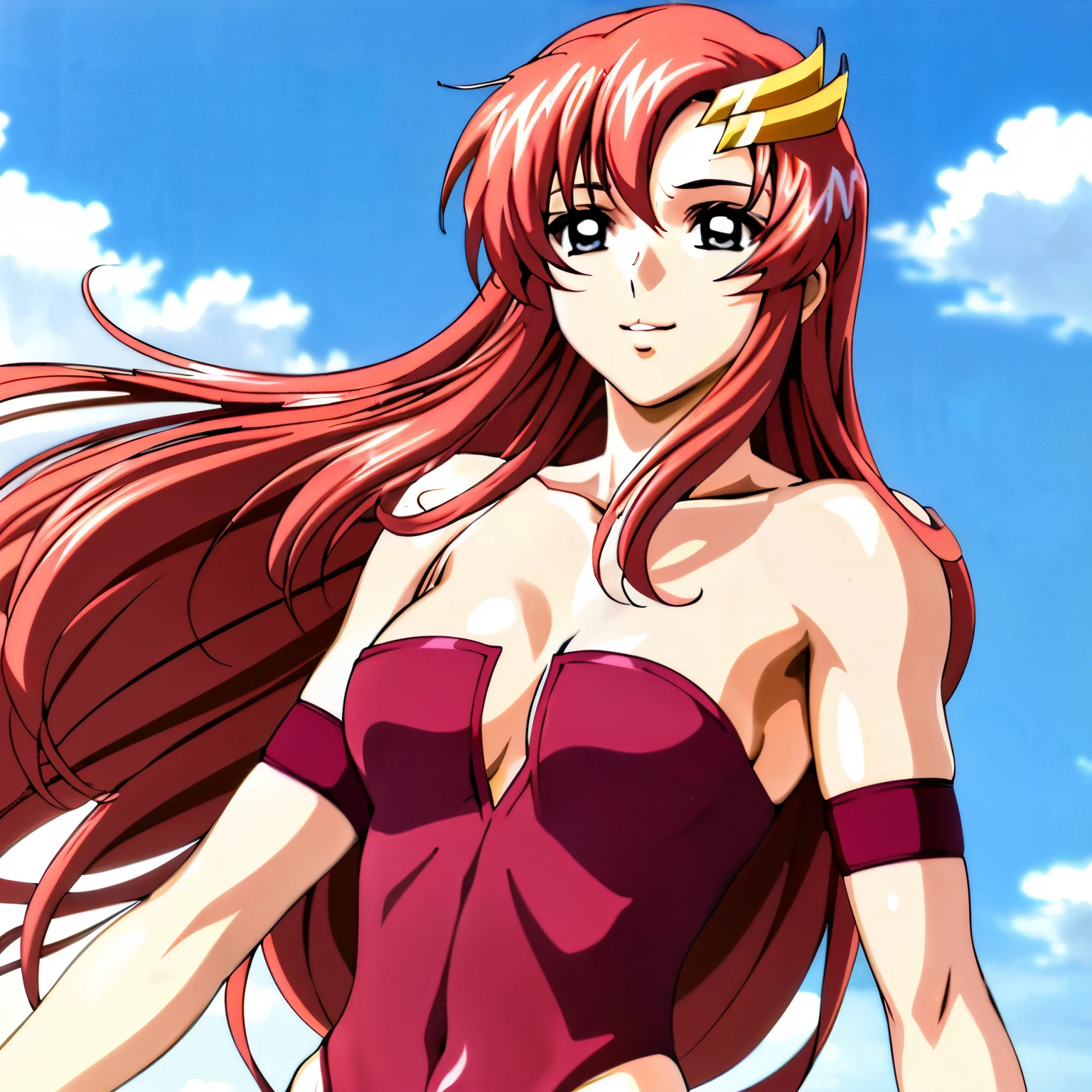 lacus4, solo, navel, (masterpiece, upper body view, strapless, (very slim shoulders), 4K, Best Quality, Anime style: 1.9, happy, Adult Woman, (ultra detailed head), (cloud background, white skin), Drawing lines, high resolution, lacus4), 1girl, Solo, curvy figure, Long hair, 鎖骨, scapular, (Detailed wide hair bangs, Hair Ornament, Detailed reddish-pink hair, shiny streaks, slim arms, detailed golden crest), cleavage, large hands, (hair cover shoulders). (Big blue eyes, shiny eyes), ((female wrestler, (slim body), little biceps, slim arms, closed fists, thighs)), ((perfect proportions, medium breasts, long belly)), (((very tight leotard, crimson strapless leotard, red arm band, neck band))), smile, (standing, hot colors), detailed fingers, (bare shoulders)