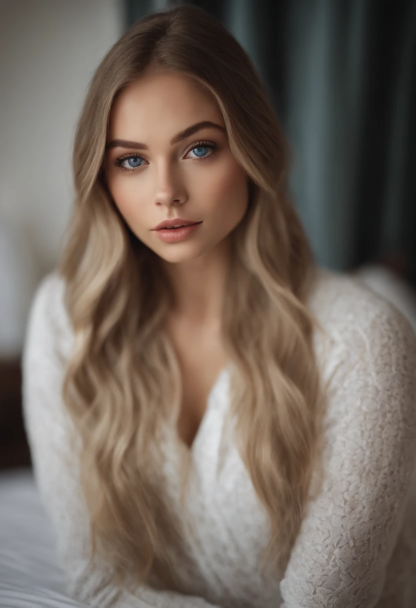 arafed frau voll , Sexy girl with blue eyes, Ultrarealistisch, Akribisch detailliert, Portrait of Sophie Mudd, blonde hair and big eyes, Selfie of a teenage girl, Schlafzimmer Augen, Olivia Dunne, ohne Makeup, natural makeup, direkt in die Kamera schauen, Gesicht mit Artgram, dezentes Make-up, breathtaking full body shot, kniend auf dem Bett, im Schlafzimmer, small bust;