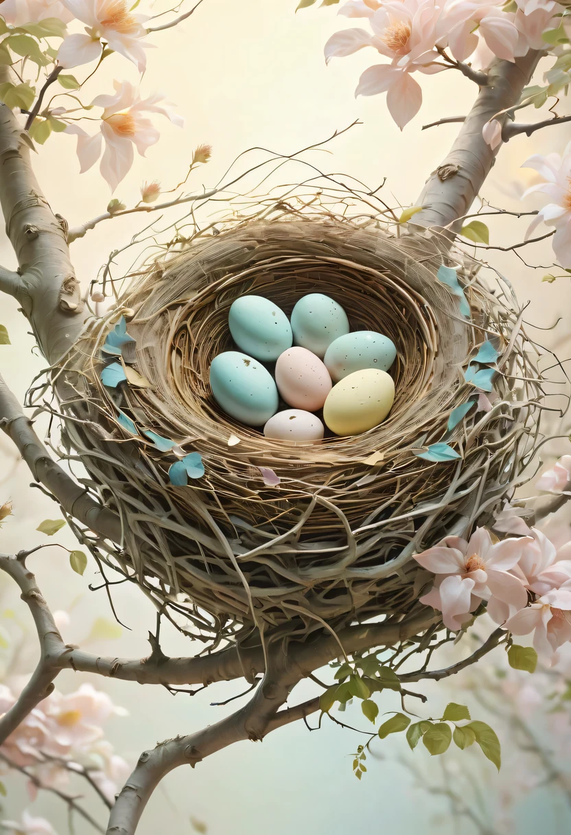 Nests,pastel tones,Light style,Comfortable and calm,nature,warm and cozy,garden,hyper detailed masterpiece, Dynamic, good quality,Floating Extra Large Ethereal Dream DonMW15pXL