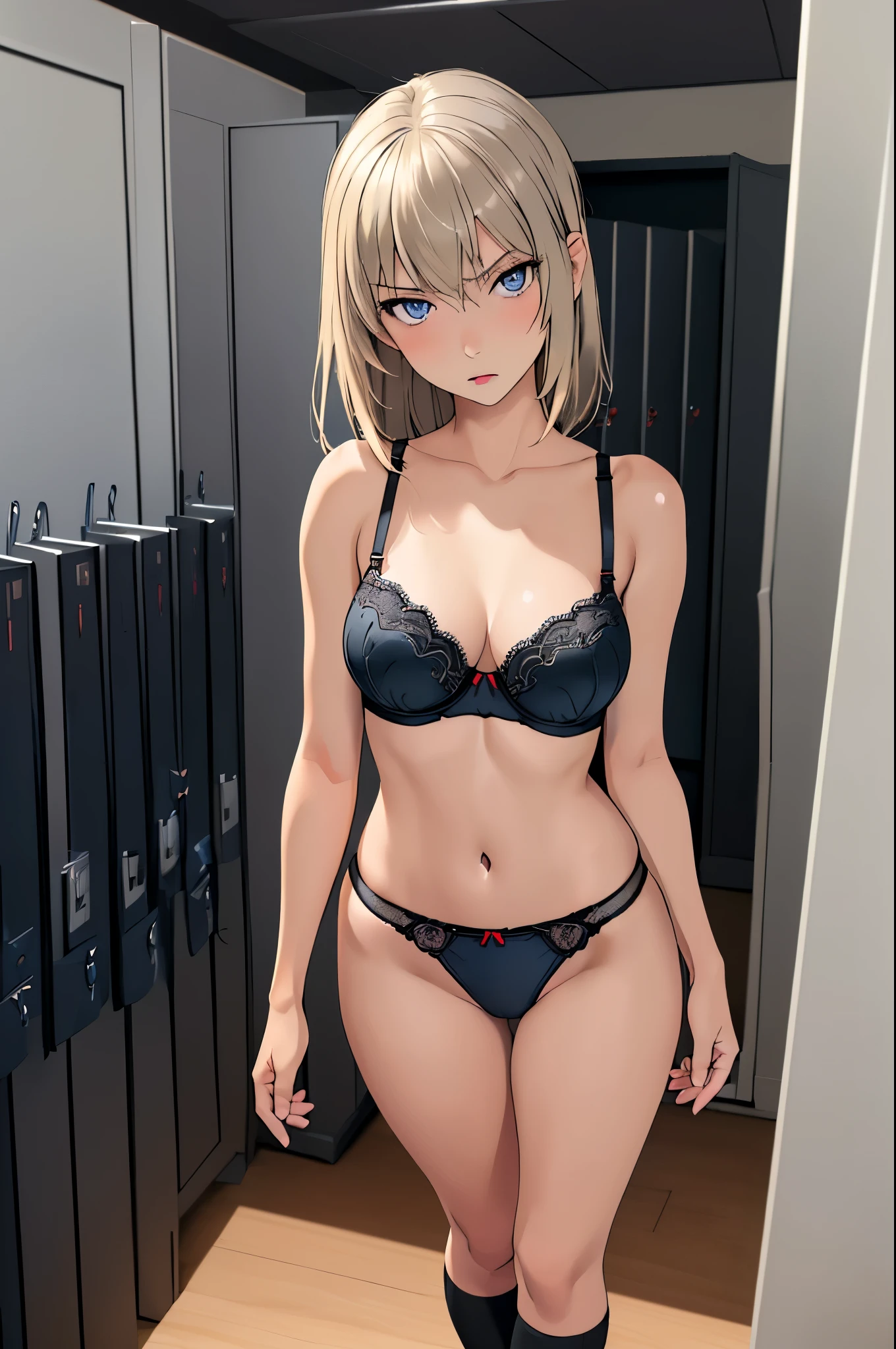 masterpiece, best quality, Itsumi Erika, 1girl, ashen blonde hair, blue eyes, solo, medium breasts, sexy black underwear, black panties, black bra, black socks, full body, standing frontally, pov, looking at viewer, expressionless, indoors, locker room, detailed hands, five fingers