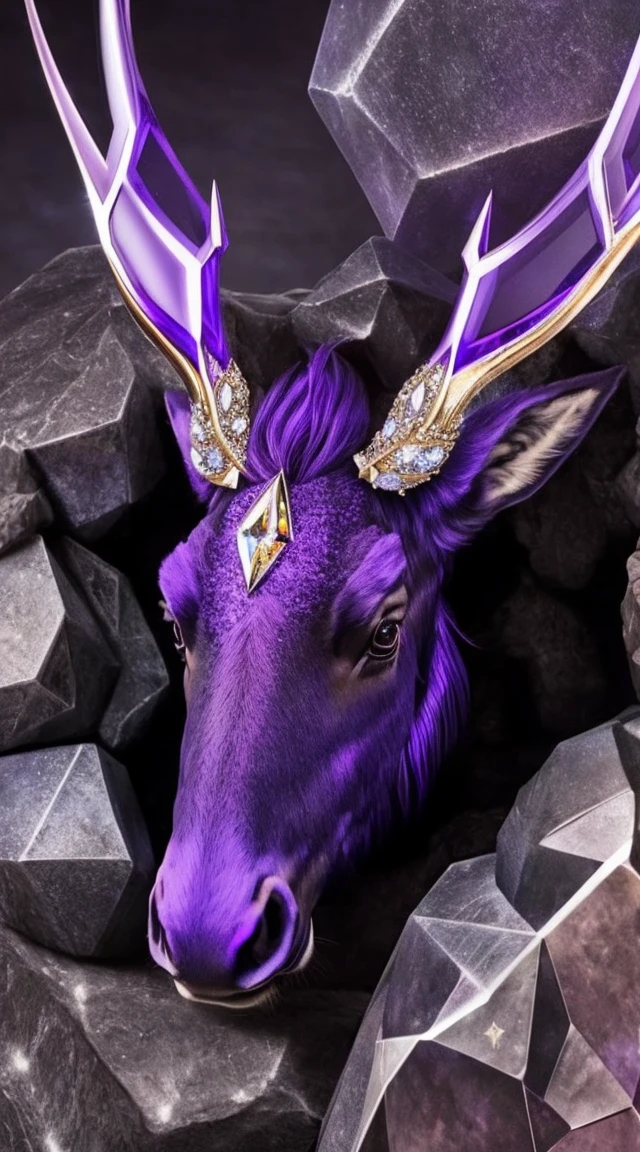 A cristal purple dark color in a shape of a horn elk. In the center above this Cristal have a ball of Onix diamond. This piece was in a background vault with stone texture