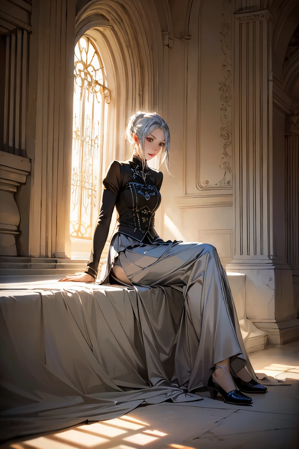 Silver-haired woman in skirt, 1 lady, alone, sun skirt, photoactual, realism, actual, Humanity