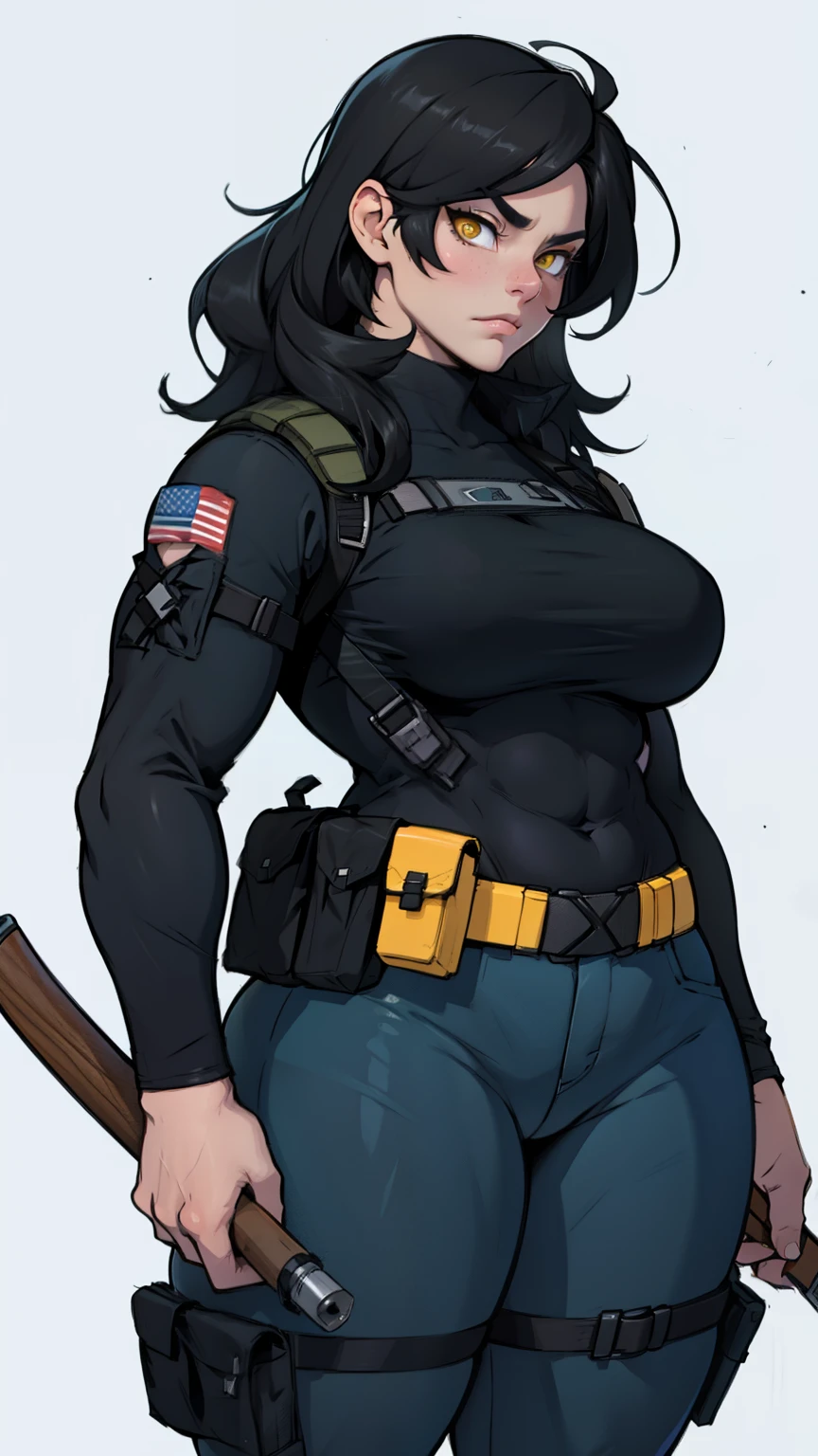 muscular girl thick thick thick black hair yellow eyes pale sad weapon holster thick perky breasts tactical gear