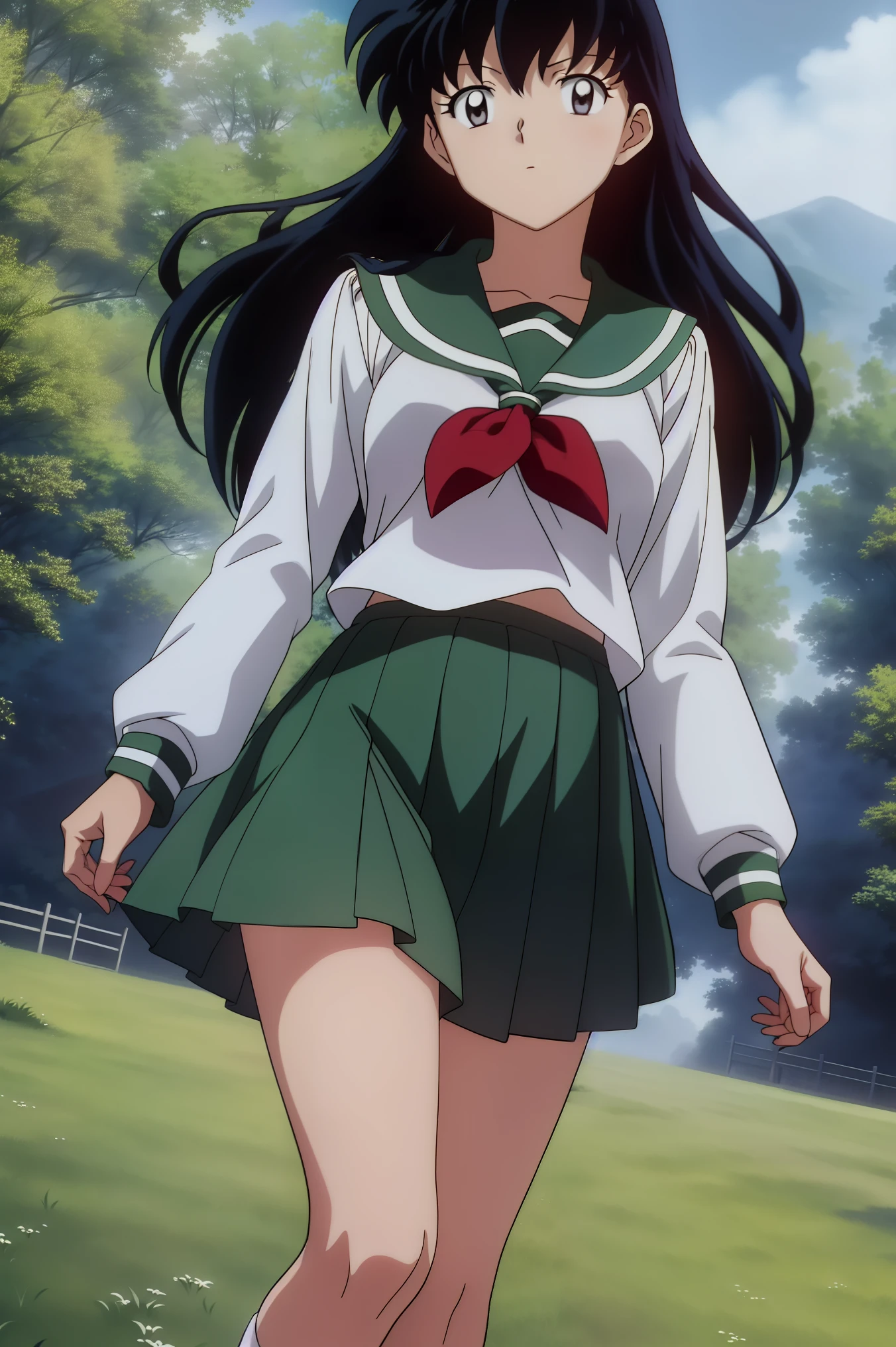 (Masterpiece: 1.6, Best Quality), (Fine Beautiful Eyes: 1.2), (best quality, masterpiece, highres), kagome higurashi, 1girl, solo, green school uniform, soft thighs , long sleeves, white socks, scenery , Best Quality, ((anime)) ((Colored)) HD, ,Standing, Green skirt, Red scarf, long  hair, Black hair between the eyes, Thighs are soft, school background