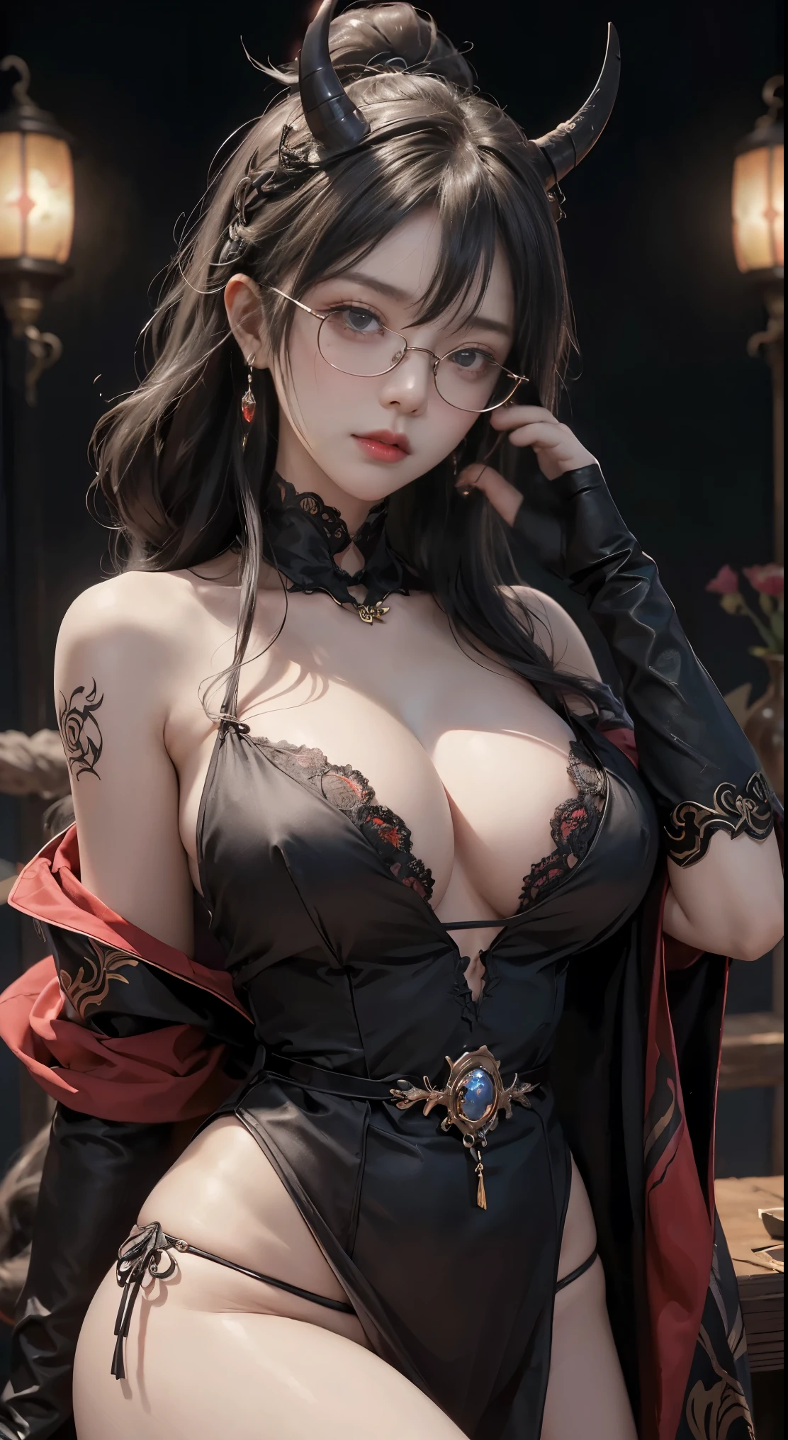 Are you okayですか、(best illustrations)、8k UHD resolution、intricate details、highest quality、realistic、Super detailed、best lighting、best shadows、soft lighting、Ultra HD、超realistic、Tyndall effect、Photoreal、(high detail skin:1.2)、 (intricate details, compensate, face to face with the children_v1:0.5), (Fine, beautiful and delicate face, Are you okay, beautiful and delicate eyes, perfectly proportioned face, high resolution skin, fine skin, Optimal ratio of 4 fingers and 1 thumb, arm under chest, red tattoo on lower abdomen、wow wow, wide hips, smooth abdomen, thin and thin skin, __fashion__, __hair__:1.25)、Digital single-lens reflex camera、 absurd、地獄から来た美しいdevilの女性, Surreal female portraits by David Hockney and Alphonse Mucha, Portrait of a seductive woman、fantasy art, chinese doll、Chinese actress、dungeon、dragon、devil&#39;Palace of、devil&#39;torture chamber、night、dark style 、in the dark、(detailed spooky background:0.8), magic、 1 girl、evil nun、dark necromancer、Succubus、devil&#39;Daughter of、Shinonome Umi、bat wings，(((devil&#39;horn)))、 ((((giant glasses, otaku glasses, thick glasses, round glasses)))),(((big breasts)))、(devil&#39;tail of)、(red eyesは光り輝いて:1.6)、red eyesは非常に鮮明で詳細です, The eyes are made up very beautifully, ((red eyes:1.0)),intricate tattoo, demonic intricate tattoo, Tattoo on the thigh, body tattoo, masterpiece、the most beautiful face、baby face、cute smile、beautiful plump red lips、muscular seductive body、devil&#39;seductive body、devil style、Fascinating black magic costume、(((光沢のある赤い蛇が彼女body ofに巻き付いています)))、The long-haired、Braid、Black hair、Ponytail distortion、, Ponytail with a bow tied at the back of the hair, beautiful expression、body up、big breasts強調、bust,  super tight chest, Breast augmentation surgery, The chest is very large and round,tight waist、wide ass、 discreet key, cowboy lens, (Black Phoenix Dress: 1.0),  devil crown,  red sparkling gemstone necklace、Jewelry G Wise,  Please wear black mesh socks,wearing a thin red and black robe, Hands pull the straps to expose sexy breasts, Protagonist Close-up, nffsw, nffsw, meet beautiful girls, looking at girl&#39;body of,(upper body portrait), Protagonist Close-up