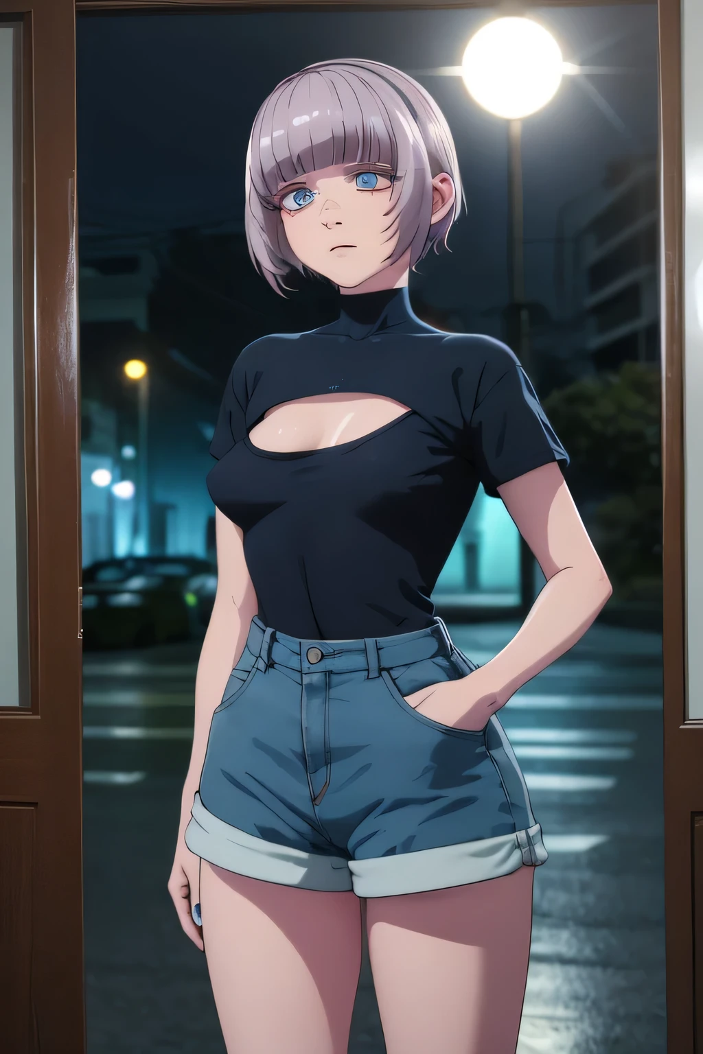 (1 garota:1.3, sozinho), (obra de arte, melhor qualidade, da fotoReal, high resolution, fotografia, :1.3) 16k, Ultra-HD, super detalhado, nazuna vestindo uma camiseta branca transparente e short azul, she has her hands in her pocket, Cintura larga, bunda grande, peito grande, looking at the camera with a questioning expression, she is in front of the camera at the entrance of a house, you can see the street and a bit of the city in the background, but the image is focused on him, desfocando completamente o fundo de uma forma sutil, the atmosphere is at night with shades of blue and purple, Anatomia perfeita,