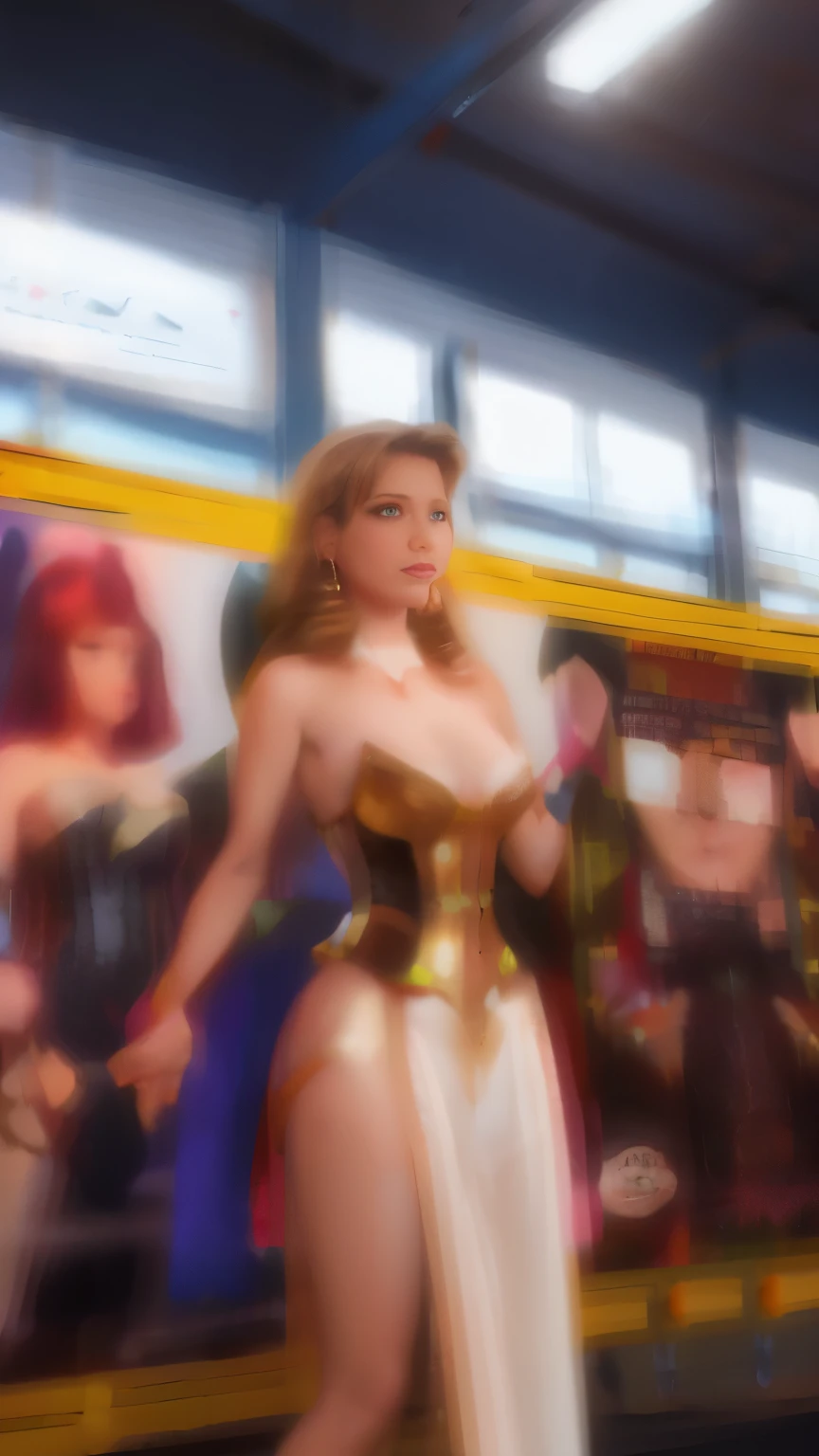 woman in a corset dress with a bunch of people, Edwards Poster, Gold and Copper Armor, nail, seventies, face, similar to ethereal exposito, 1 9 7 0 s Woman Alive, keyframe, Dollpunk, A golden ribbon around his chest, Barbarella, metal, nailanical, nailanical superstructure  