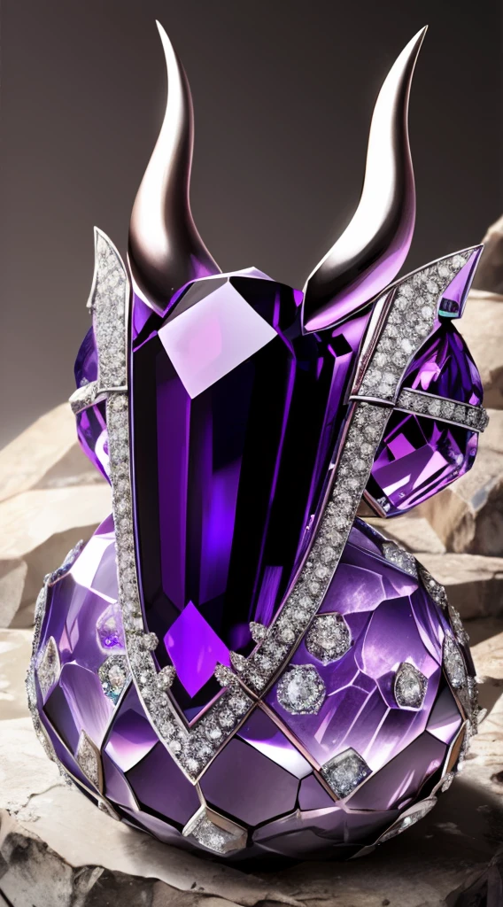 A cristal purple dark color in a shape of a horn elk. In the center above this Cristal have a ball of Onix diamond. This piece was in a background vault with stone texture, 16k, best quality image