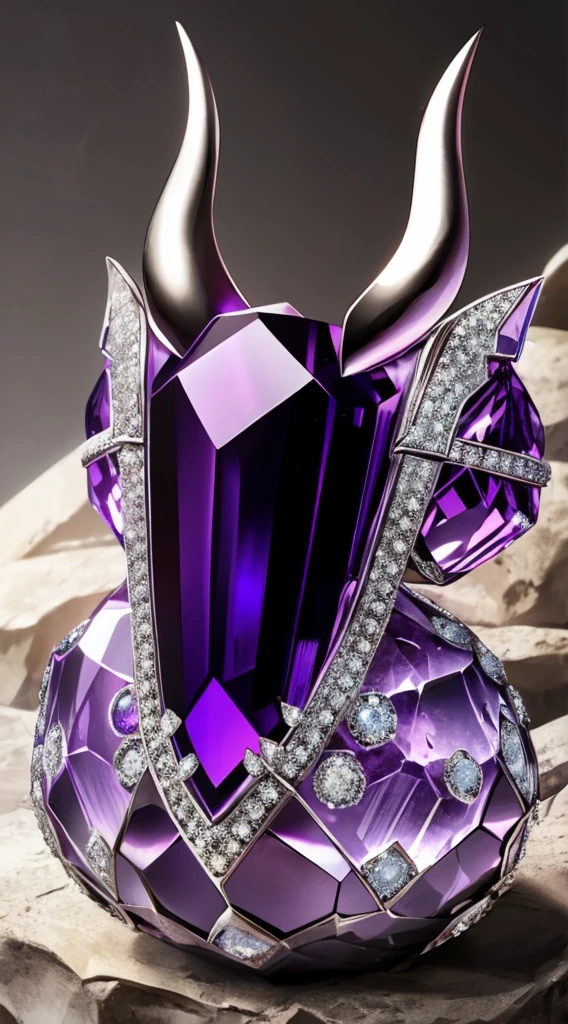 A cristal purple dark color in a shape of a horn elk. In the center above this Cristal have a ball of Onix diamond. This piece was in a background vault with stone texture, 16k, best quality image