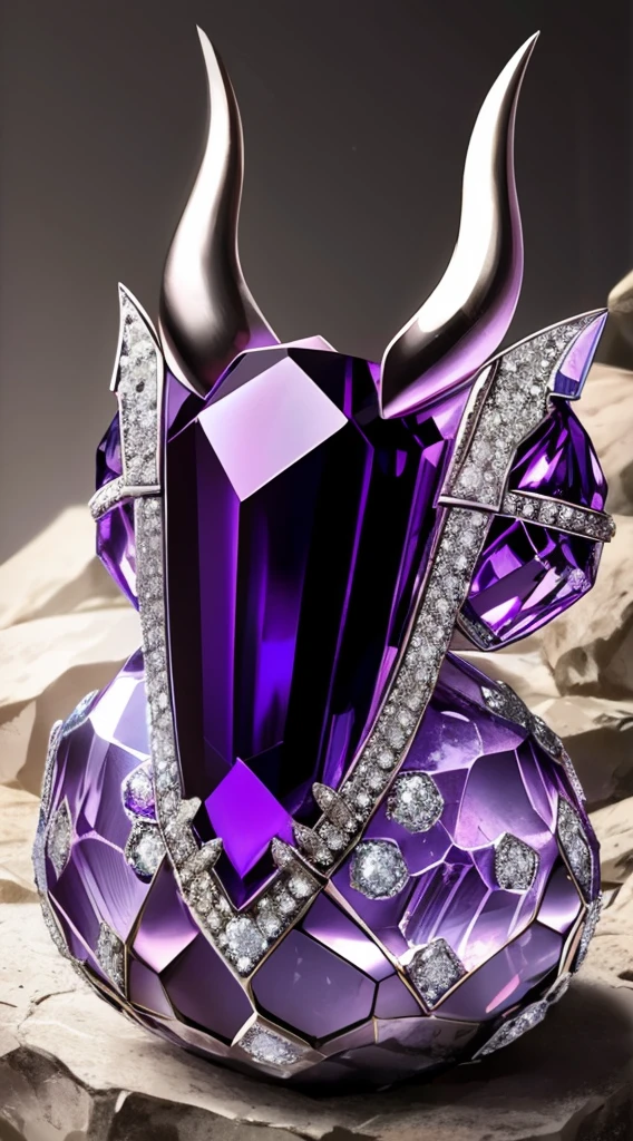 A cristal purple dark color in a shape of a horn elk. In the center above this Cristal have a ball of Onix diamond. This piece was in a background vault with stone texture, 16k, best quality image