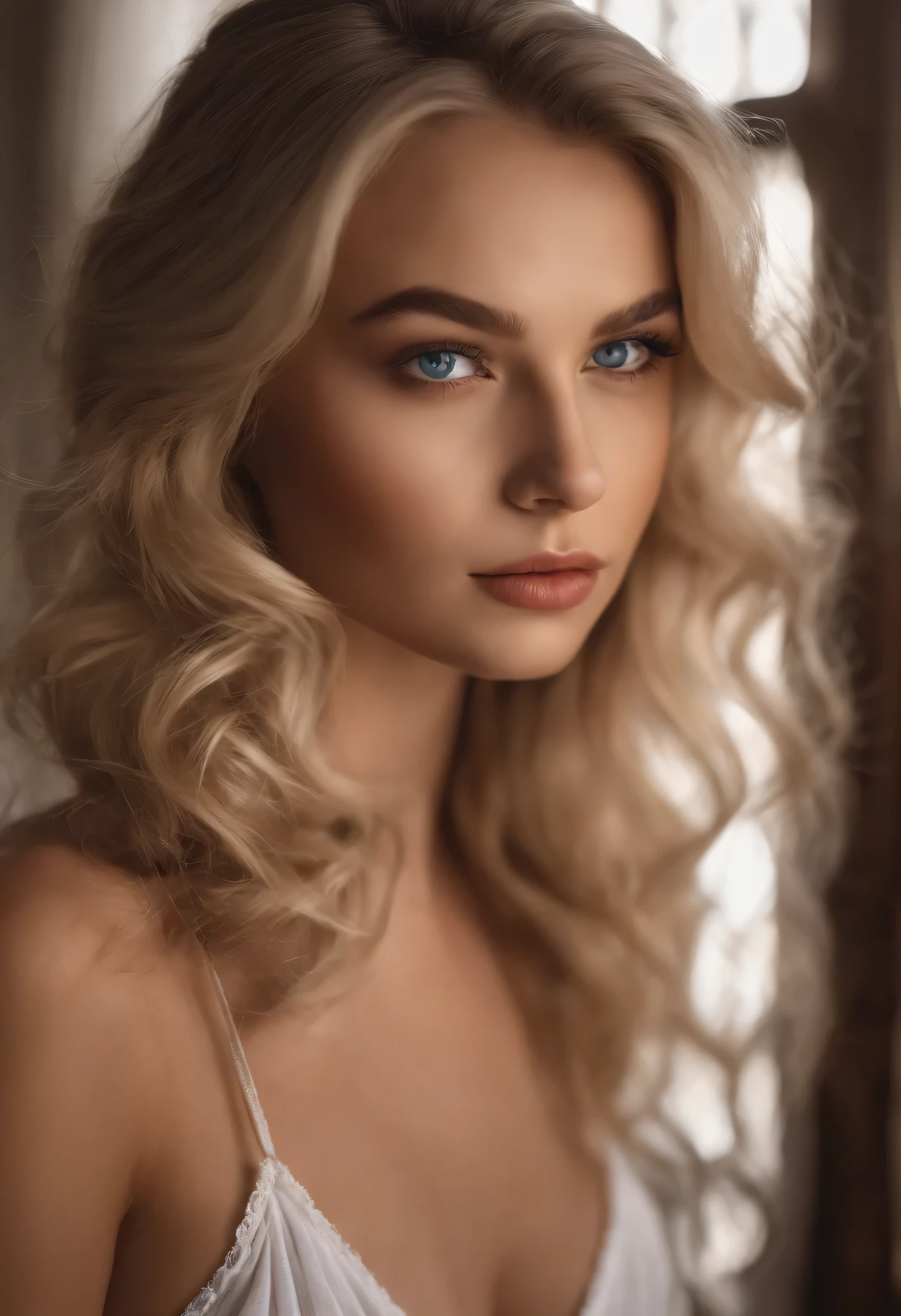 arafed frau voll , Sexy girl with blue eyes, Ultrarealistisch, Akribisch detailliert, Portrait of Sophie Mudd, blonde hair and big eyes, Selfie of a teenage girl, Schlafzimmer Augen, Olivia Dunne, ohne Makeup, natural makeup, direkt in die Kamera schauen, Gesicht mit Artgram, dezentes Make-up, breathtaking full body shot, kniend auf dem Bett, im Schlafzimmer, small bust;