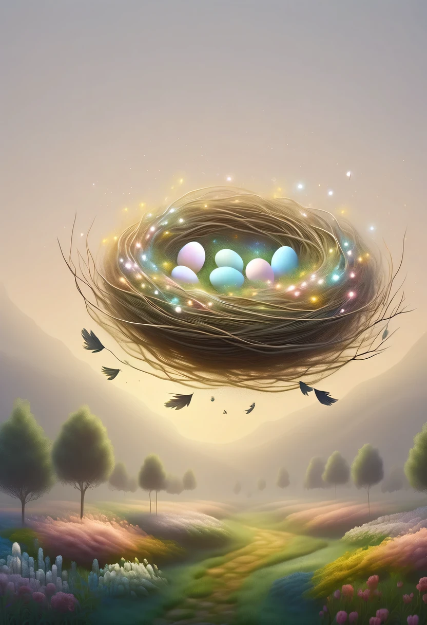 Nest，pastel tones，Light style，Comfortable and calm，nature，warm and cozy，garden，hyper detailed masterpiece, Dynamic, good quality,Floating Extra Large Ethereal Dream DonMW15pXL  