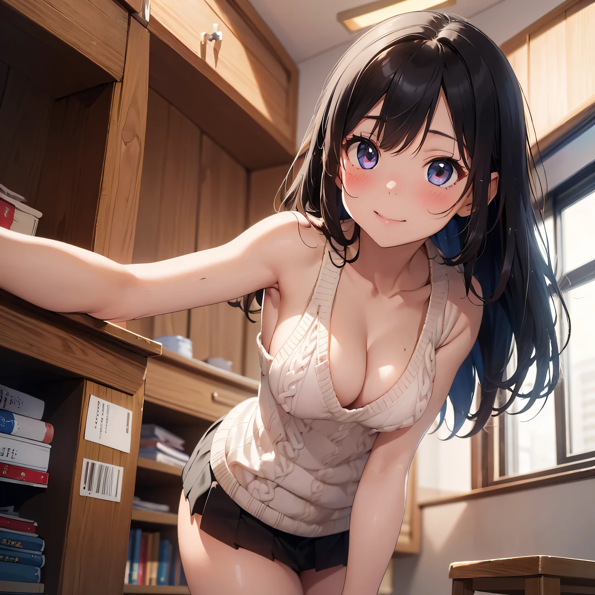 (masterpiece:2.0), (highest quality:2.0), (lean forward naked in the room:1.5), (Very short white hollow knit sweater:1.5), (super sexy pose:1.5), (look up from below:1.5), (perfectly exposed shoulders:1.5), (perfectly exposed nape:1.5), (blushing face:1.5), (cover your crotch with your hands:1.5), (cover your chest with your hands:1.5), (spilling breasts:1.5), (realistic:1.5), 1 , very cute girl, precision small hands, You look embarrassed when you look at me, light smile, innocent face, young face, clear eyes, shining eyes, small breasts, I can see the side boob, I can see your shoulders, I can see the cleavage, no pubic hair, dynamic posing, beautiful skin, Super fine, highest resolution, Japanese high school student, golden hair