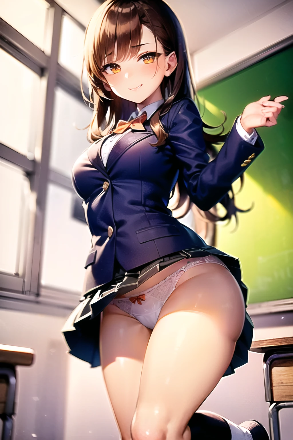 (((1girl))), ((best quality)), (((masterpiece))), ((ultra-detailed)), (illustration), (detailed light), (an extremely delicate and beautiful), (beautiful detailed eyes), (sunlight), ((extremely light)),
((((school blazer and a pleated skirt)))),
school girl,
wavy medium hair, (((dark brown hair))), (((long hair))),
(((deep orange eyes))),
((whole body)), ,
diamond, beautiful, ((extra elegant)), (((condescending expression))), (sexually mischievous smile), (((extra adorable))), (((extra slender shape))),
(((standing in the classroom lifting her skirt up))),
(((exposed puure white panties))),
(((extraordinarily thin thighs))),
(((mat white ankle socks))),