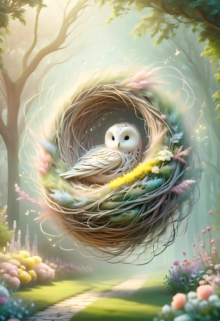 Nest，pastel tones，Light style，Comfortable and calm，nature，warm and cozy，garden，hyper detailed masterpiece, Dynamic, good quality,Floating Extra Large Ethereal Dream DonMW15pXL  