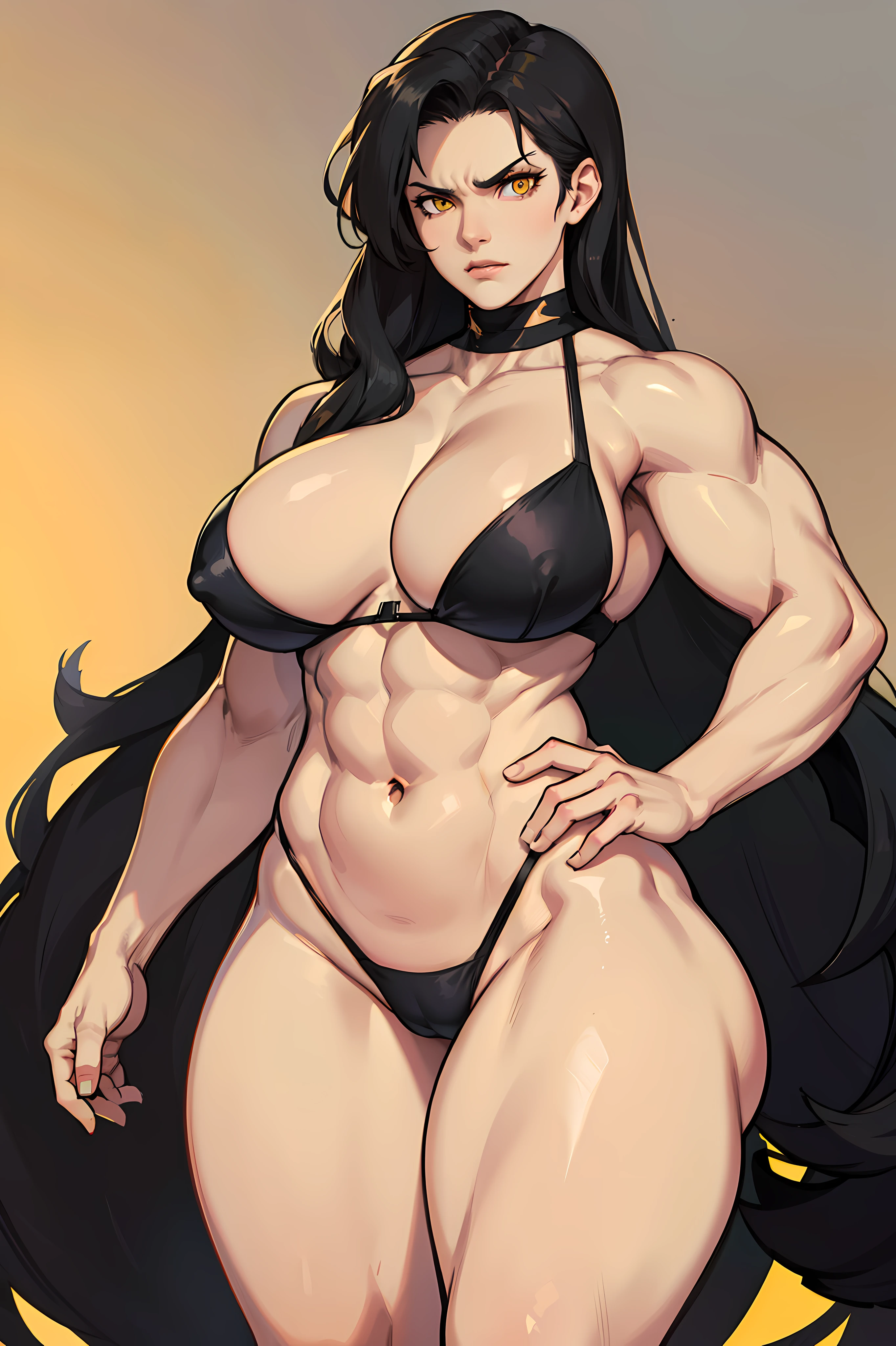 muscular toned body perky breasts wide hips curvy thick thighs thin waist black hair very long hair yellow eyes angry 1girl