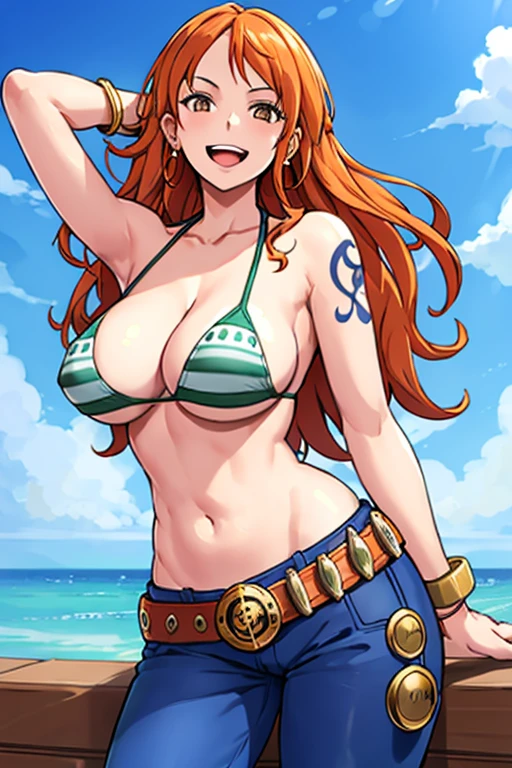 nami \(One Piece\),
1 woman, bangle, forehead, bare shoulders, belt, bikini, bikini top only, chest, sexy, armpit, Arms on the head, laughing, whole body, blue sky, bracelet, chest, brown eyes, foam, divided, cloud, cowboy shot, afternoon, request, earring, floating hair, green belt, green bikini, requestpants, jewelry store, large chest, Log Pose, long hair, looking at viewer, navel, Orange hair, pants, shoulder Tattoo, Side lock, sky, laugh, alone, standing, swimsuit, Tattoo
, ((masterpiece))