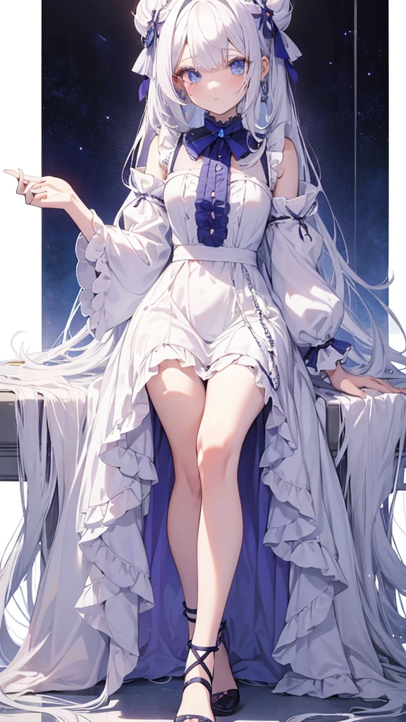 Una encantadora chica anime con cabello albino que cae en ondas hasta la cintura, sus ojos azules resaltan sobre su piel de porcelana. Ataviada con un vestido color burdeos y unos zapatos con calcetas de tul.
