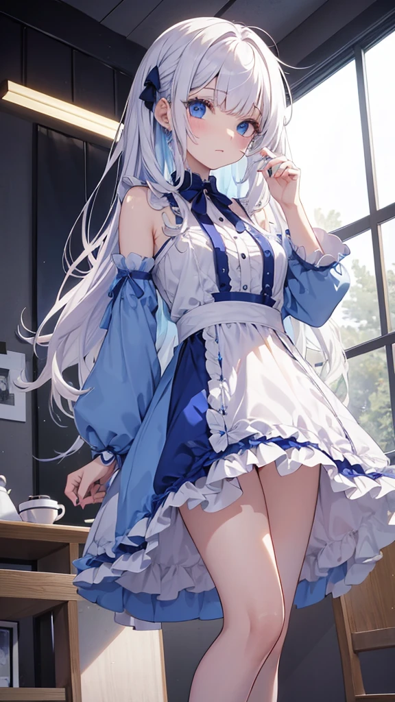 highest quality, ultra high resolution, super detailed, gorgeous, masterpiece, best quality, high resolution finely detailed, extremely beautiful, distinct image, hourglass figure, 1 girl, 2, (front-view), (side-view), soft and beautiful facial features, symmetrical face, simple sleeveless black frilly dress that clings tightly to her body, white waist apron, piercing blue eyes, innocent doe shaped eyes, well endowed breasts, tall height(190cm), slim and slender curvy body, athletic and flexible physiques, flowing snow-white hair, narrow waist, long legs, opulent bedroom background, snow-white skin, hip-level shot, snow-white feline tiger ears, white striped tiger tail protruding out her back, front-view,