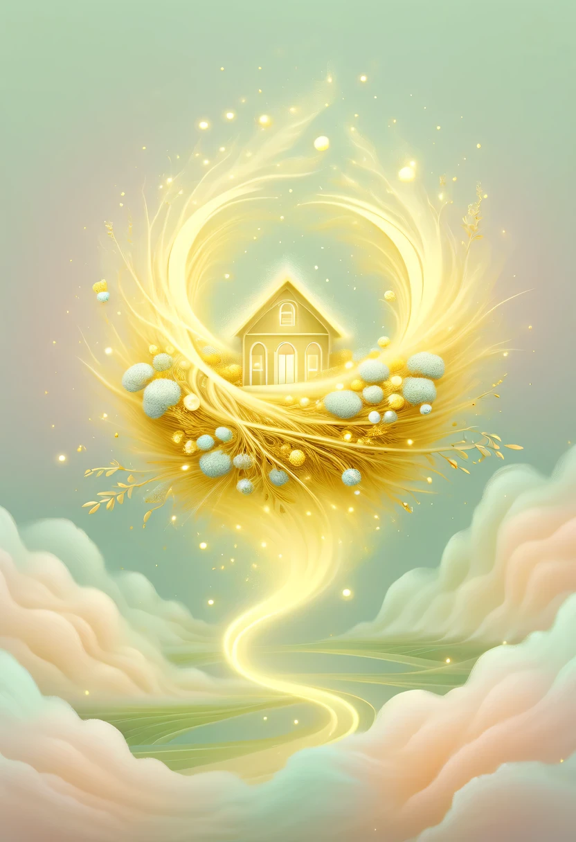 golden nest,pastel tones,Light style,Comfortable and calm,nature,warm and cozy,garden,hyper detailed masterpiece, Dynamic, good quality,Floating Extra Large Ethereal Dream DonMW15pXL