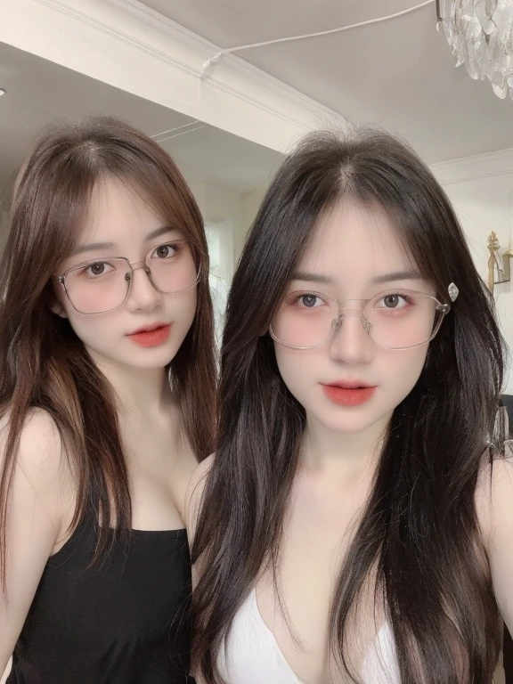 (realistic、masterpiece、Best Quality、8K、highres、high resolution:1.3)、1 glasses girl、glasses、Big breasts、white bikini、looking at viewers、super fine face and eyes、long hair、 in bedroom、sit on the bed、exposed cleavage、upper body、