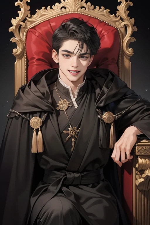 masterpiece, highest quality, detailed face, realistic, 1 man, mature men, Handsome young man, 25 years old, grin, closed mouth, portrait, extremely detailed face, 寒さとgrin, ((dark gray eyes)), ((short right swept black hair)), [thick eyebrows], On the throne, ((Long black cloak)), ((All Black)), (dark gray eyes)