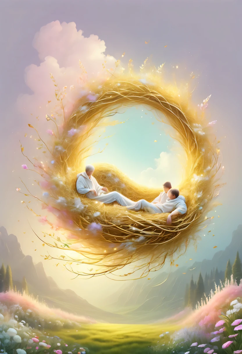 golden nest,pastel tones,Light style,Comfortable and calm,nature,warm and cozy,garden,hyper detailed masterpiece, Dynamic, good quality,Floating Extra Large Ethereal Dream DonMW15pXL