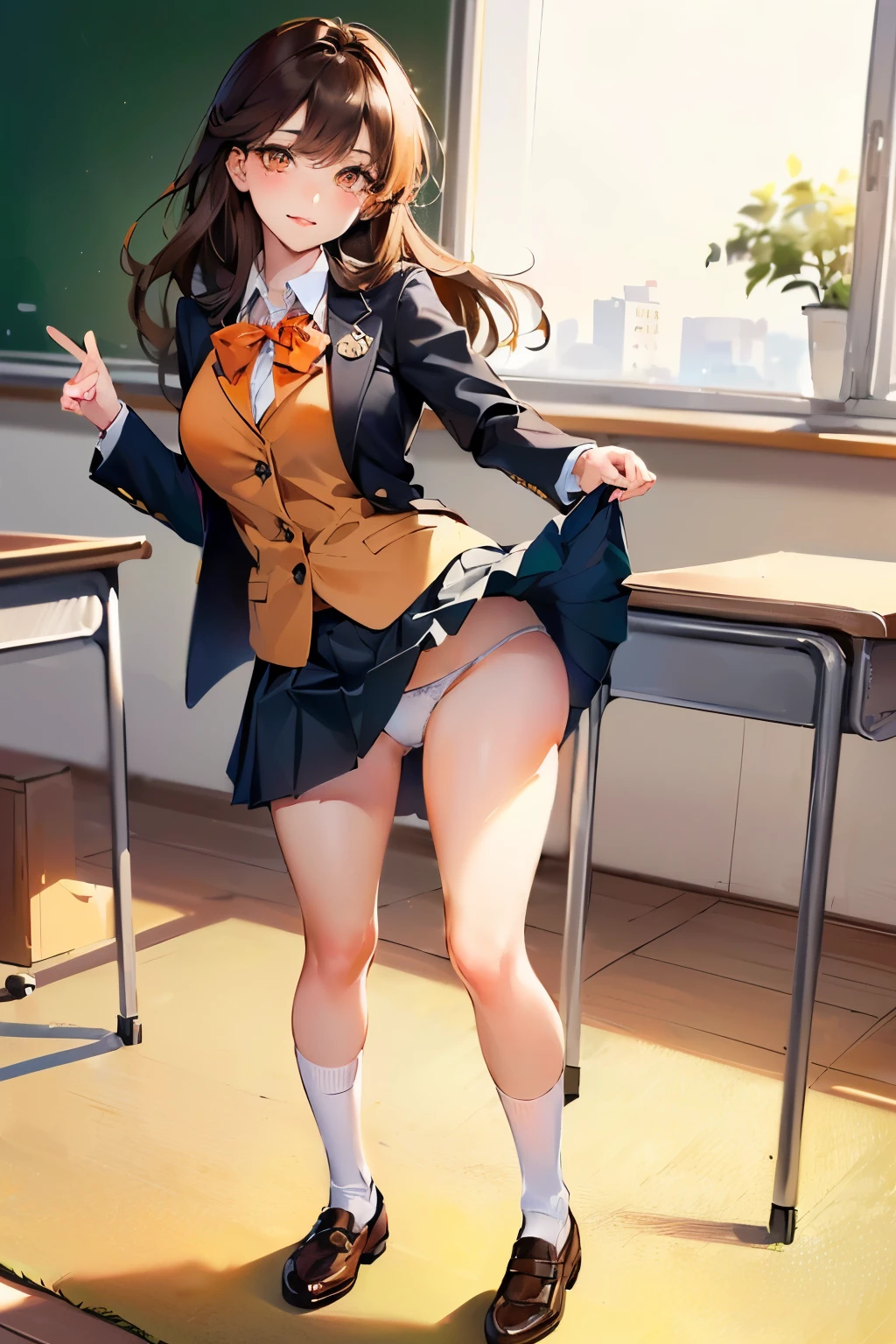(((1girl))), ((best quality)), (((masterpiece))), ((ultra-detailed)), (illustration), (detailed light), (an extremely delicate and beautiful), (beautiful detailed eyes), (sunlight), ((extremely light)),
((((school blazer and a pleated skirt)))),
school girl,
wavy medium hair, (((dark brown hair))), (((long hair))),
(((deep orange eyes))),
((whole body)), aged 14 to 17,
diamond, beautiful, ((extra elegant)), (((condescending expression))), (sexually mischievous smile), (((extra adorable))), (((extra slender shape))),
(((standing in the classroom lifting her skirt up))),
(((exposed puure white panties))),
(((extraordinarily thin thighs))),
(((mat white ankle socks))),