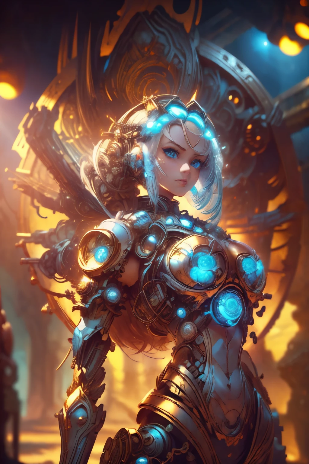 1 girl, frontal,blue eyes, white hair blowing in the wind, hands open, giant mecha warrior standing next to her, science fiction novel, mechanical armor, metallic luster, electroplating, clothing logo, Mars, spacecraft, floating cannon, hexagonal, (from bottom: 1.2), glow, backlight, (background blurry: 1.2) movie lighting, low illumination, VHS style, (masterpiece: 1.3), (best quality: 1.1), complex details, (Surrealism: 1.1), (Realistic details: 1.1), High level of detail, (The text on the cover should be bold and eye-catching, partially hidden behind the characters, with magazine titles and eye-catching titles: 1.4), Superview, Wide angle. Dynamic pose, lighting_ Stance, wide-angle lens
