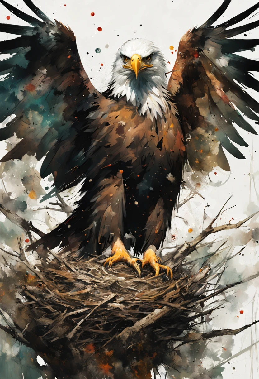 An eagle perched in its massive (nest:1.3), in a pine tree, natural colors, nature colors, Hyper-detailed messy mixed-media masterpiece painting, insanely detailed, by Russ Mills and Alberto Seveso and Agnes Cecile and Jean-Baptiste Monge, zoomed out, intensified cerebral spatterpaint, sharply detailed, sharp focus, uhd, light streaking up
