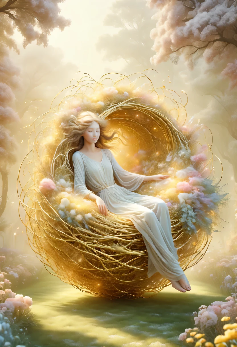 golden nest,pastel tones,Light style,Comfortable and calm,nature,warm and cozy,garden,hyper detailed masterpiece, Dynamic, good quality,Floating Extra Large Ethereal Dream DonMW15pXL