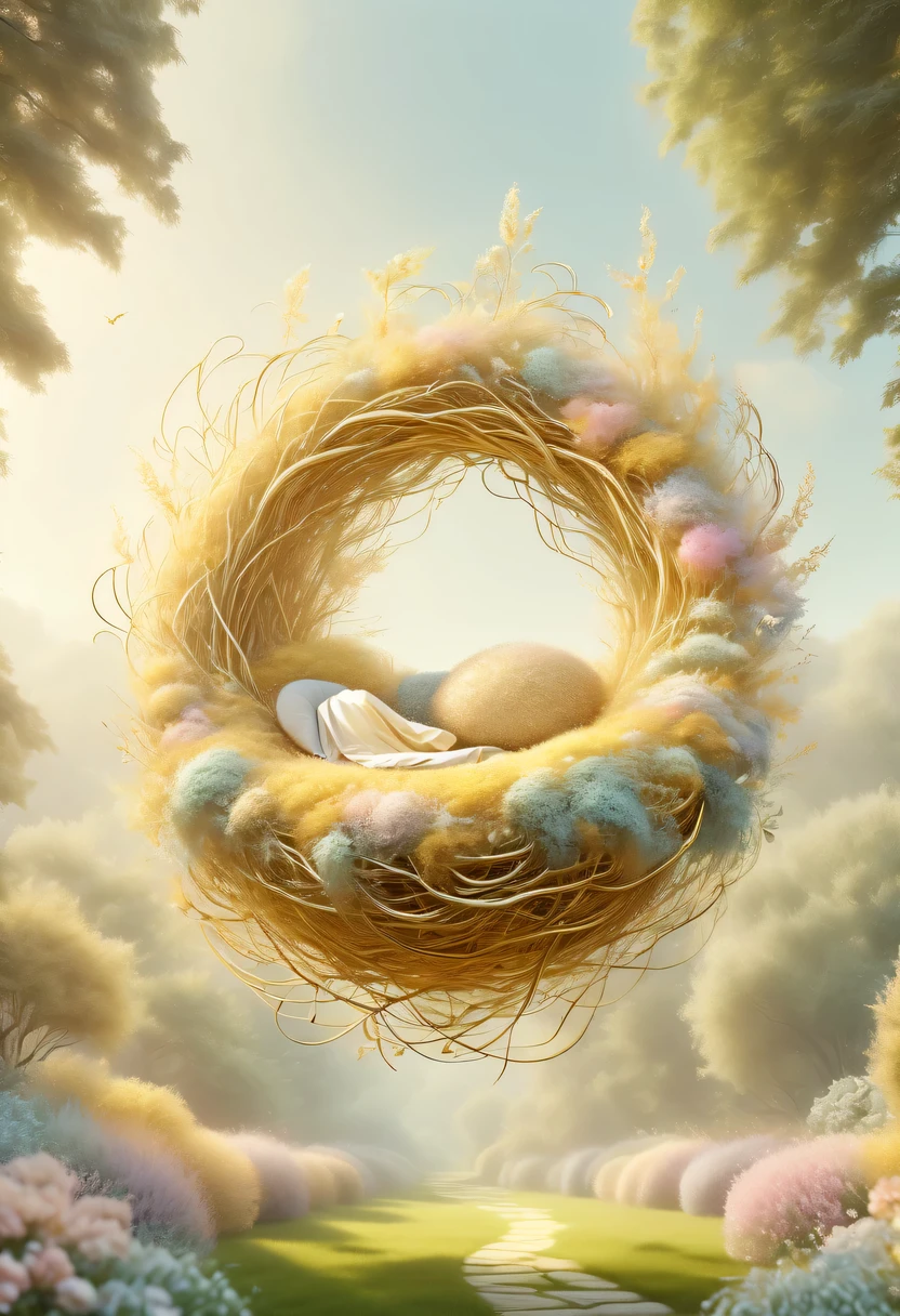 golden nest，pastel tones，Light style，Comfortable and calm，nature，warm and cozy，garden，hyper detailed masterpiece, Dynamic, good quality,Floating Extra Large Ethereal Dream DonMW15pXL  
